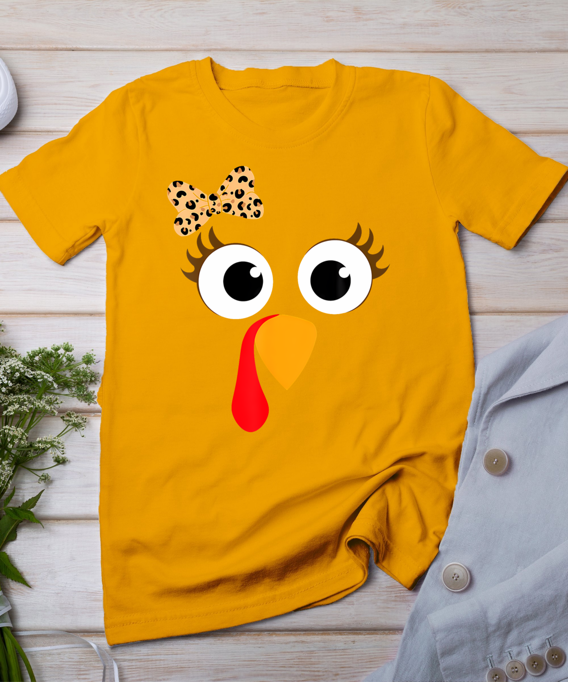 Turkey Face Girl Leopard Bow Thanksgiving Costume Turkey T-Shirt