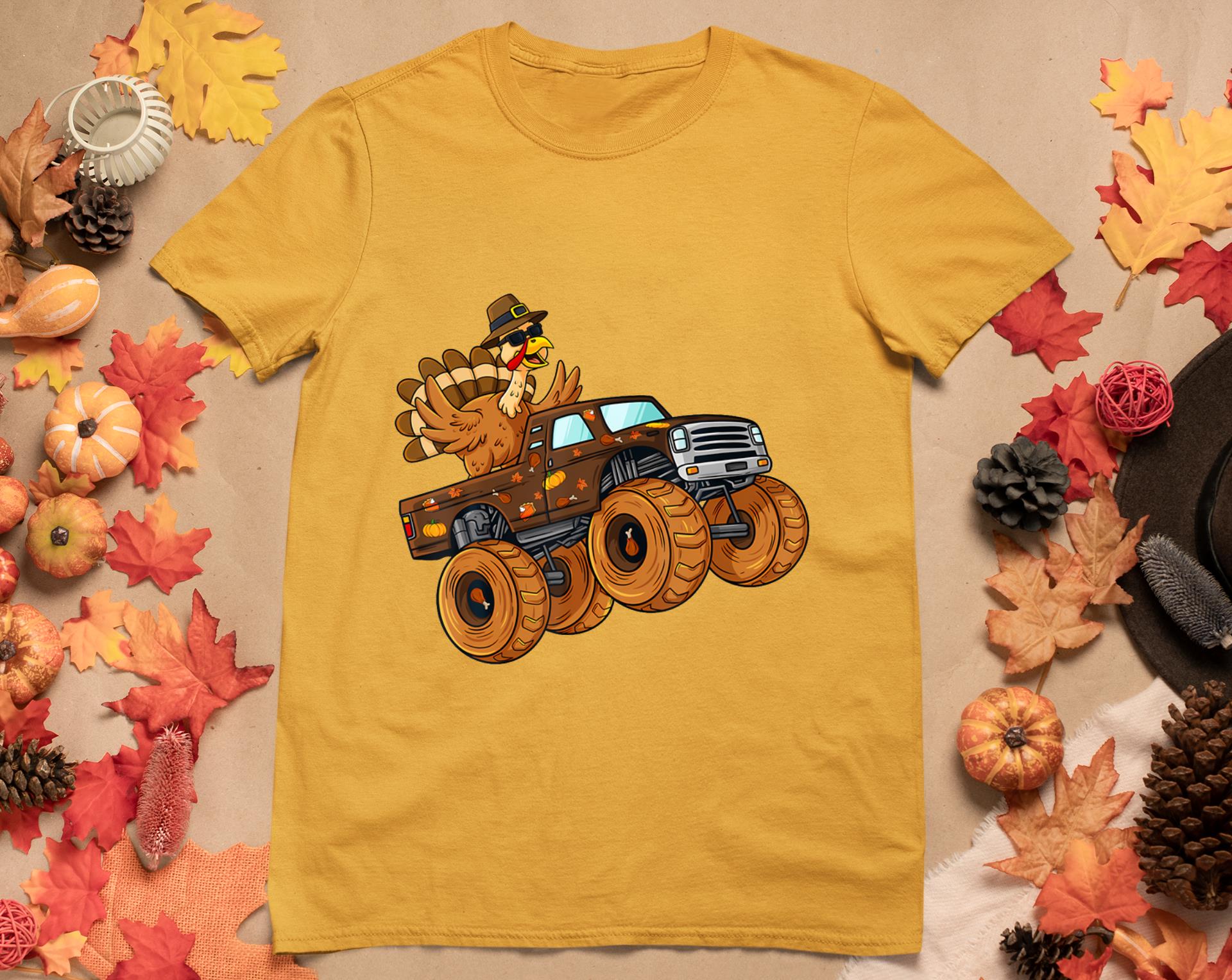 Thanksgiving Turkey Riding Monster Truck Boys Kids T-Shirt