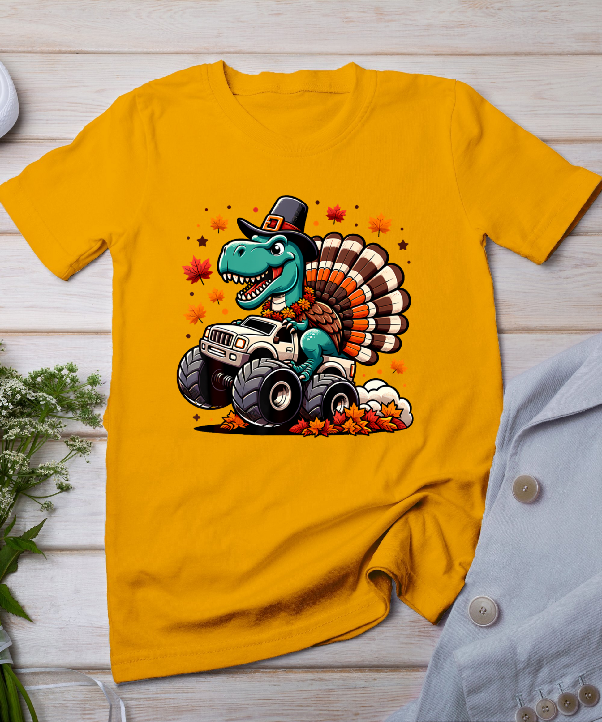 Thanksgiving Shirts Boys Kids Dinosaur T Rex Monster Truck T-Shirt