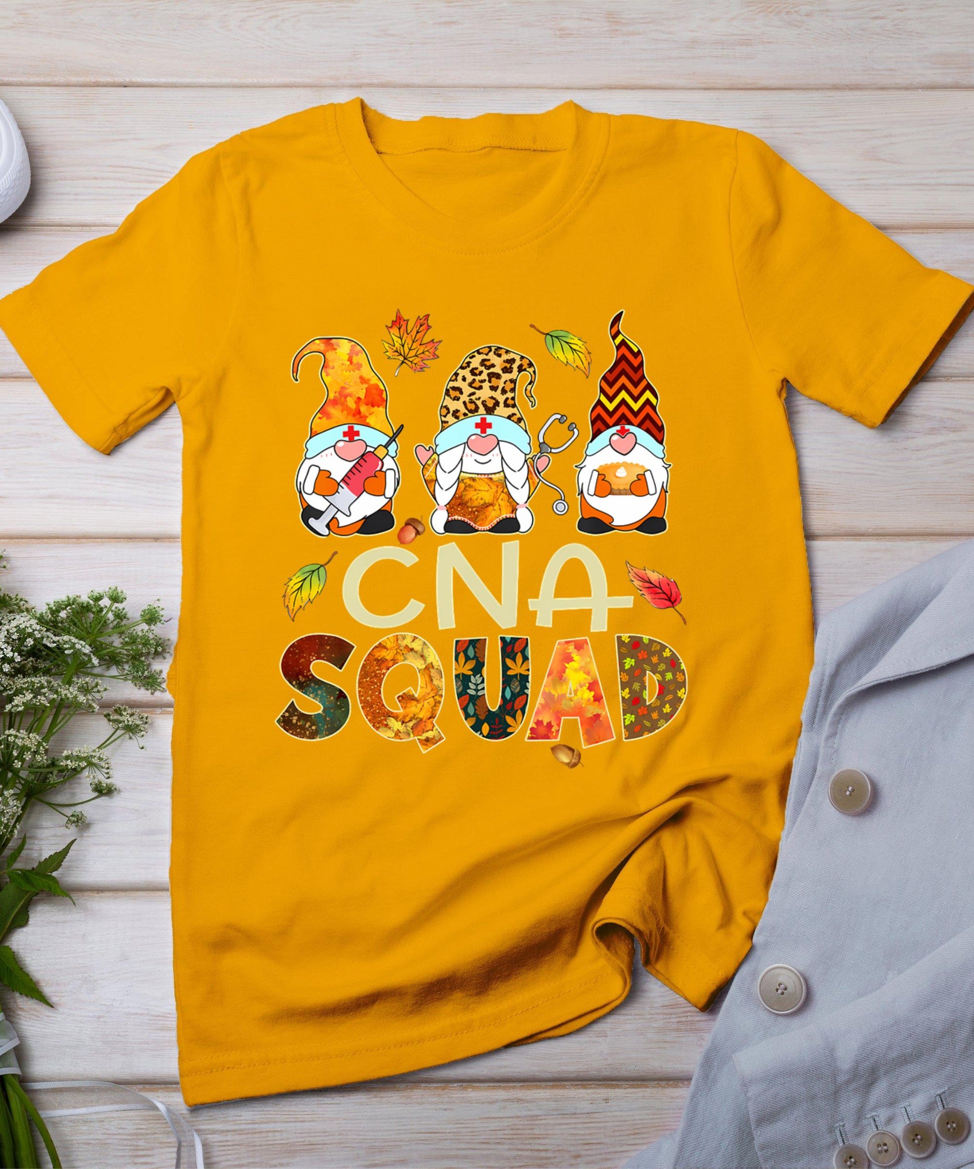 Cna Squad Gnome Nurse Leopard Thanksgiving Fall Stethoscope T-Shirt