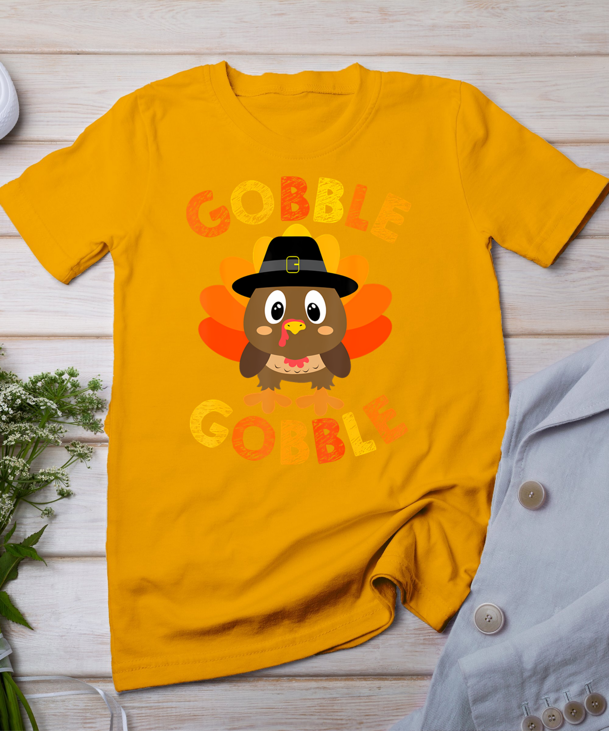 Cute Gobble Gobble Turkey Pilgrim Little Boys Thanksgiving T-Shirt