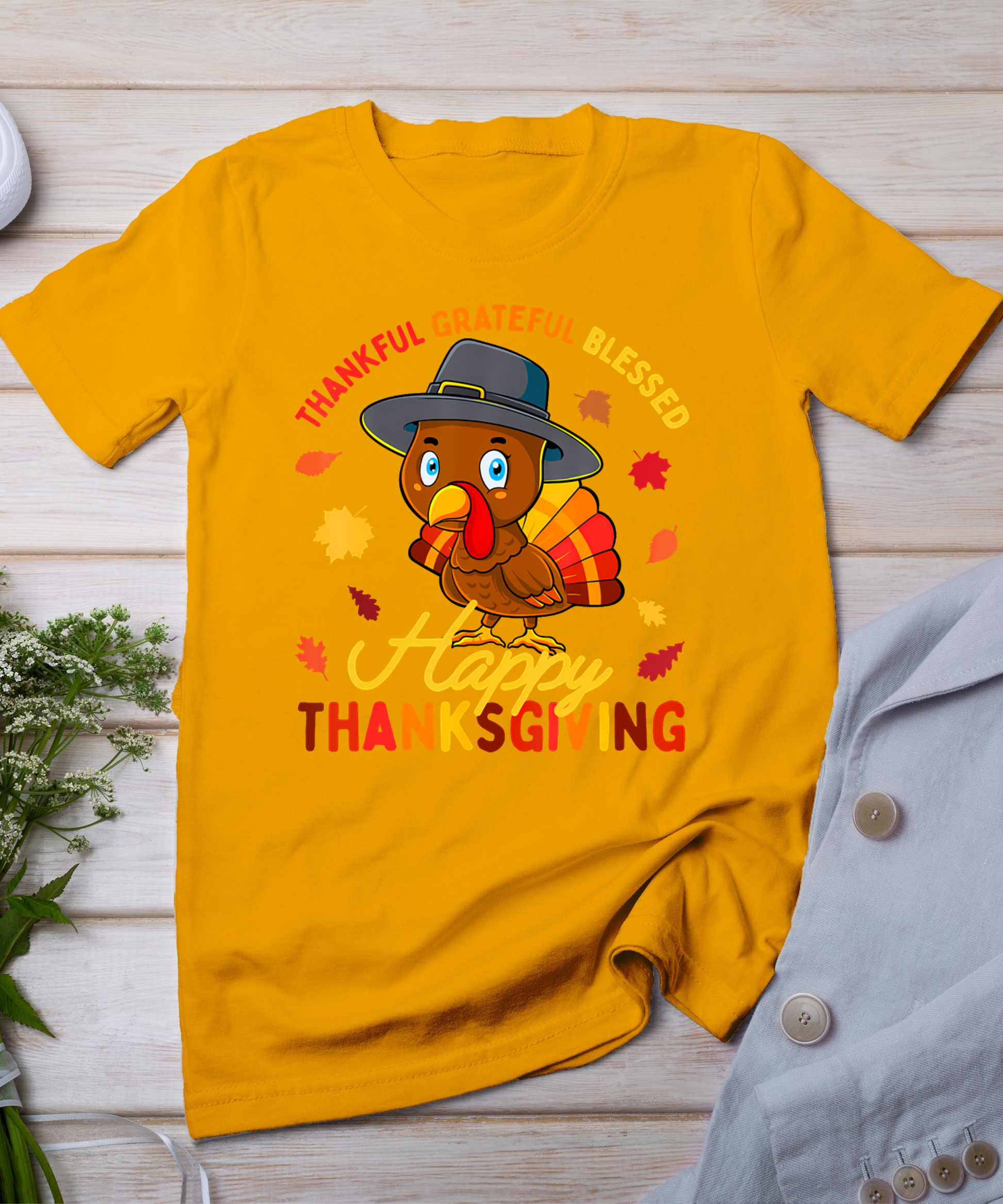 Thankful Grateful Blessed Thanksgiving Turkey Women Girls T-Shirt