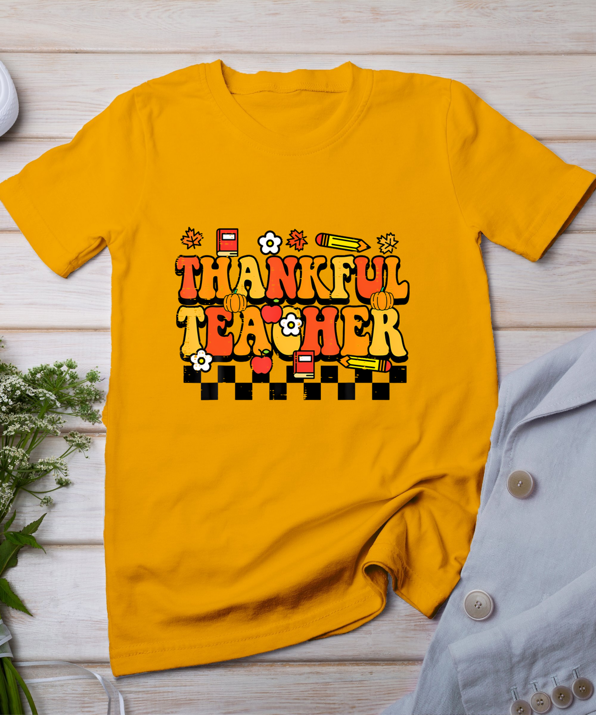 Thankful Teacher Retro Groovy Thanksgiving Fall Women Men T-Shirt