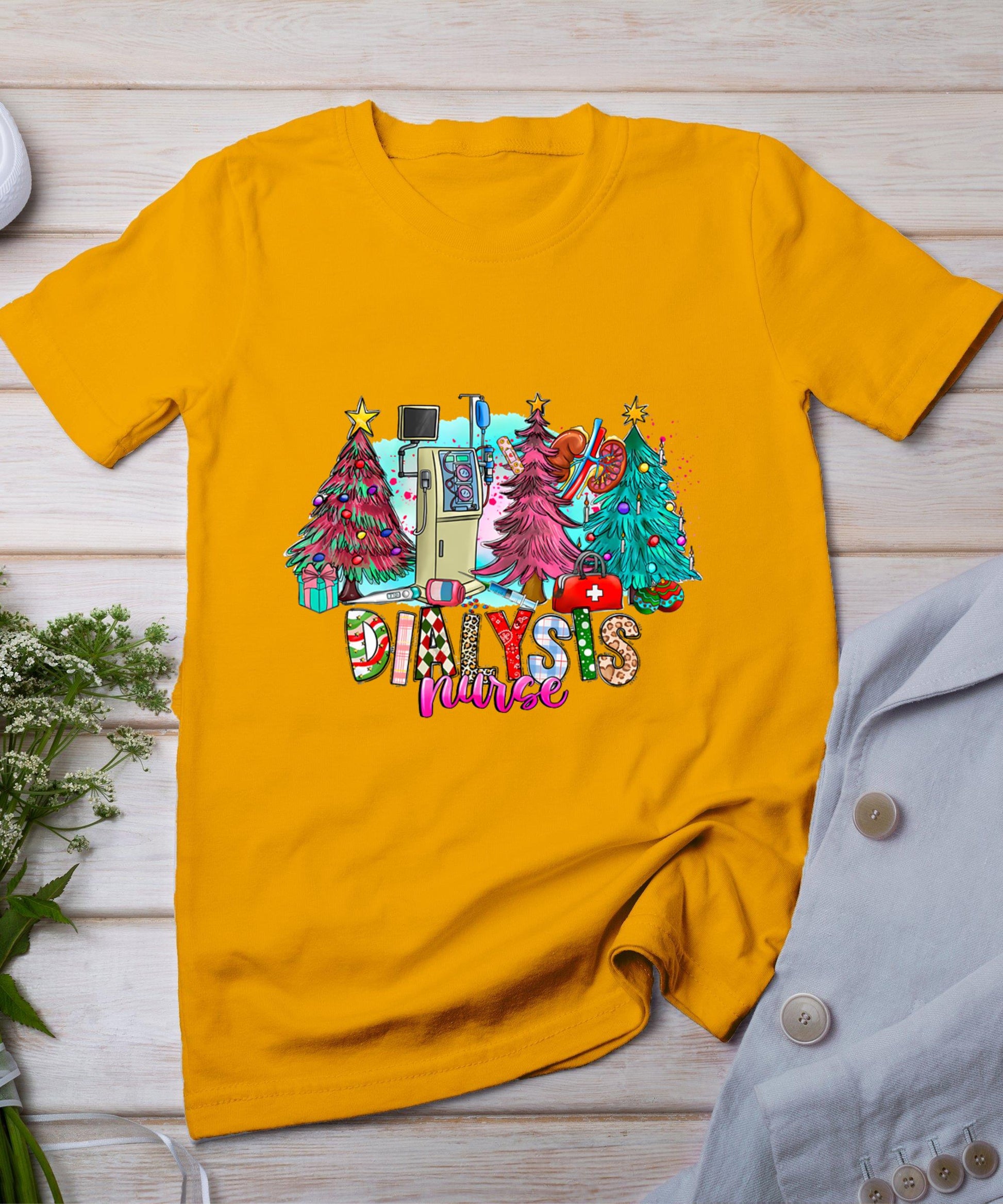 Dialysis Nurse Christmas Xmas Trees Lights Pajamas Pjs Women T-Shirt