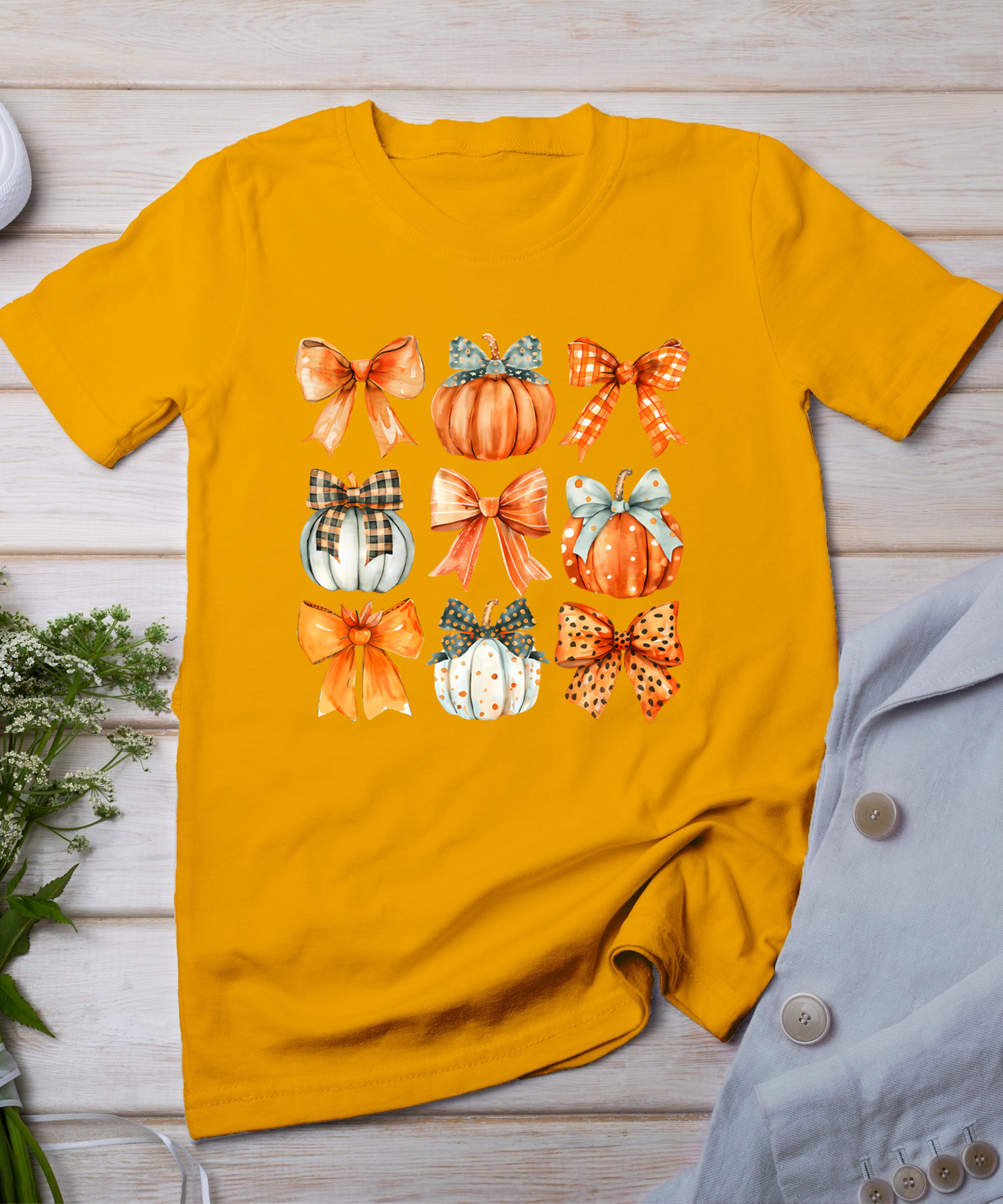 Coquette Bow Pumpkin Season Thanksgiving Autumn Fall Leaves T-Shirt