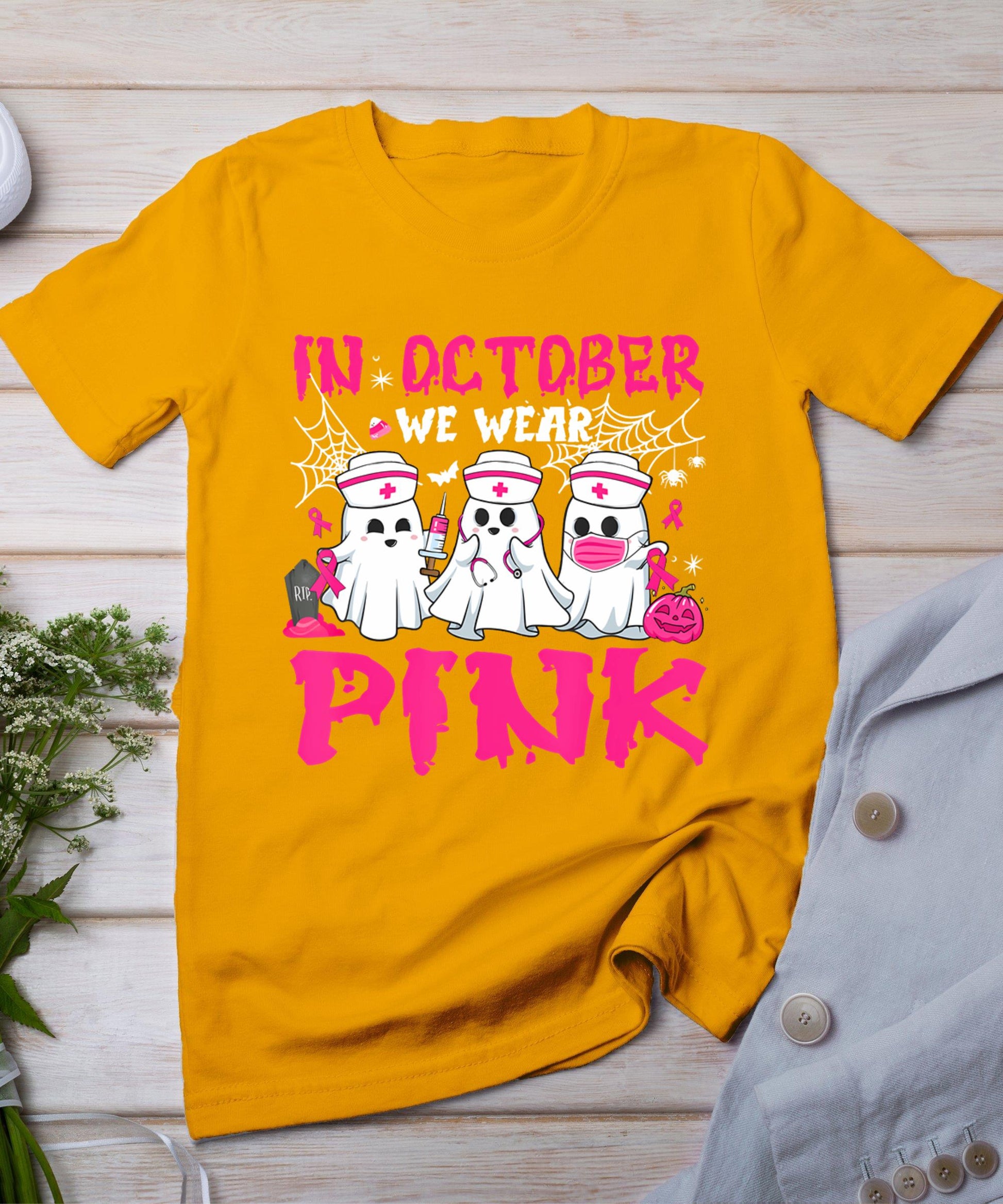 In October We Wear Pink Nurse Ghost Halloween Breast Cancer T-Shirt