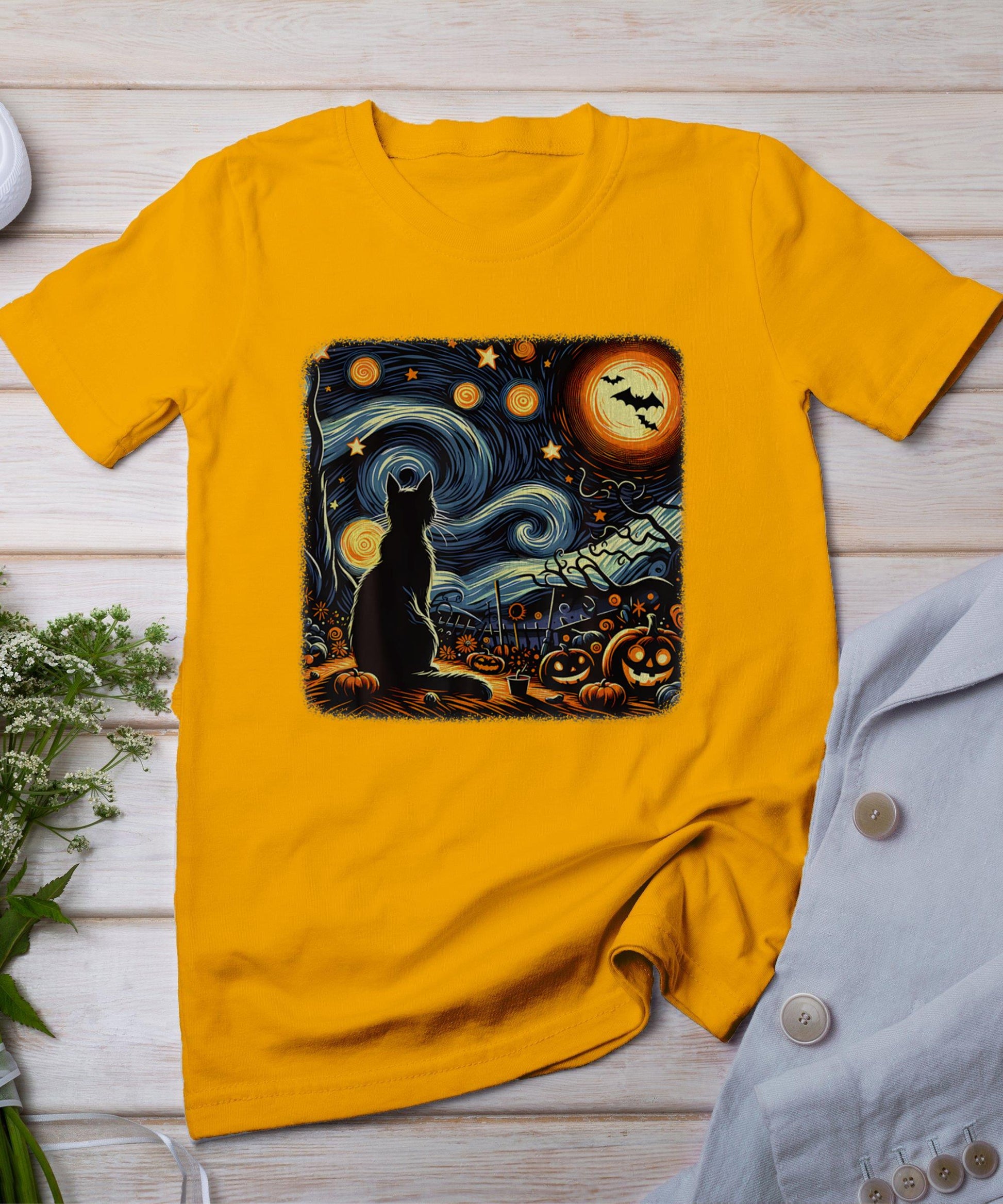 Halloween Van Gogh Starry Night Black Cat Pumpkins Bats T-Shirt