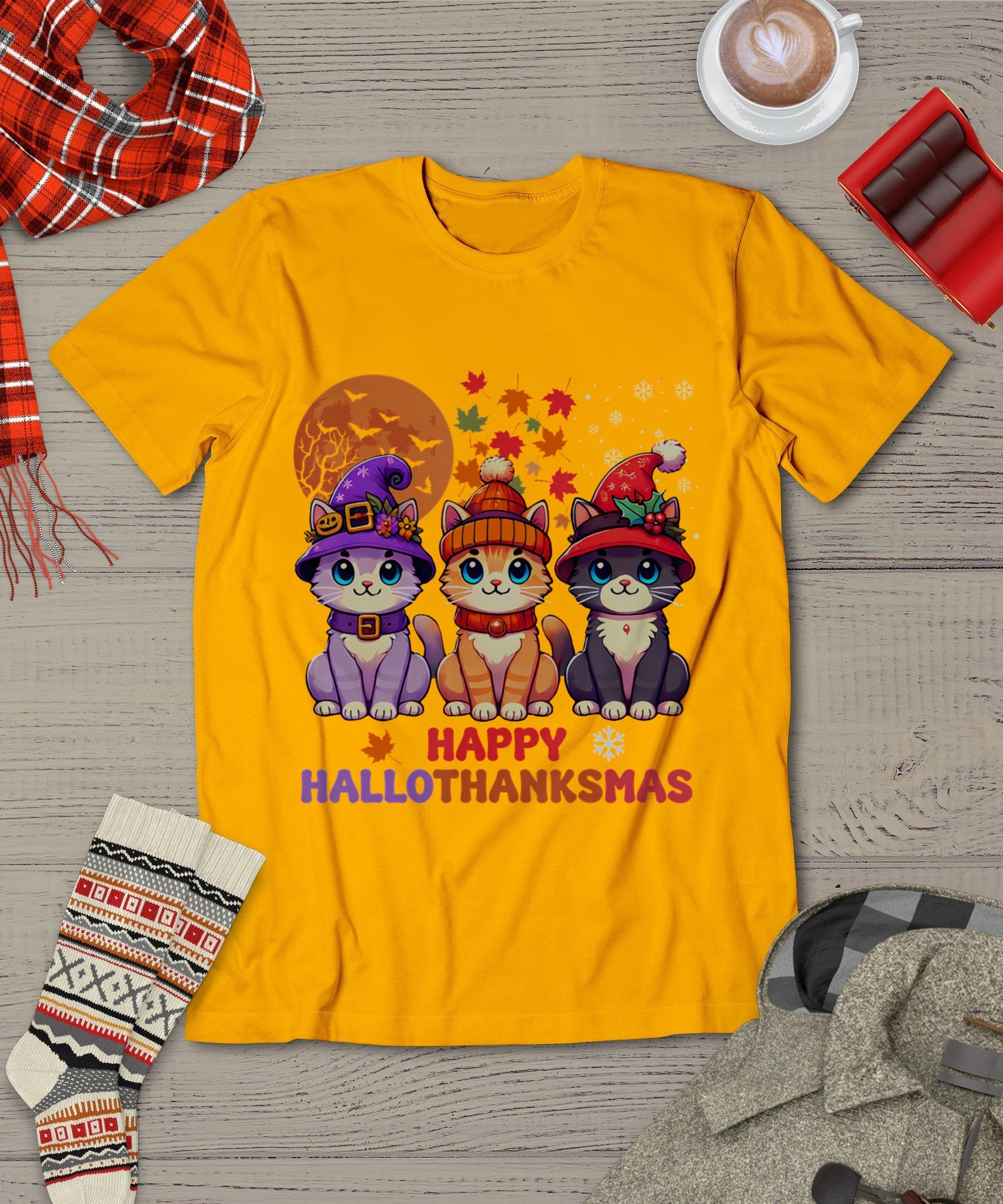 Halloween Thanksgiving Christmas Happy Hallothanksmas Cats T-Shirt