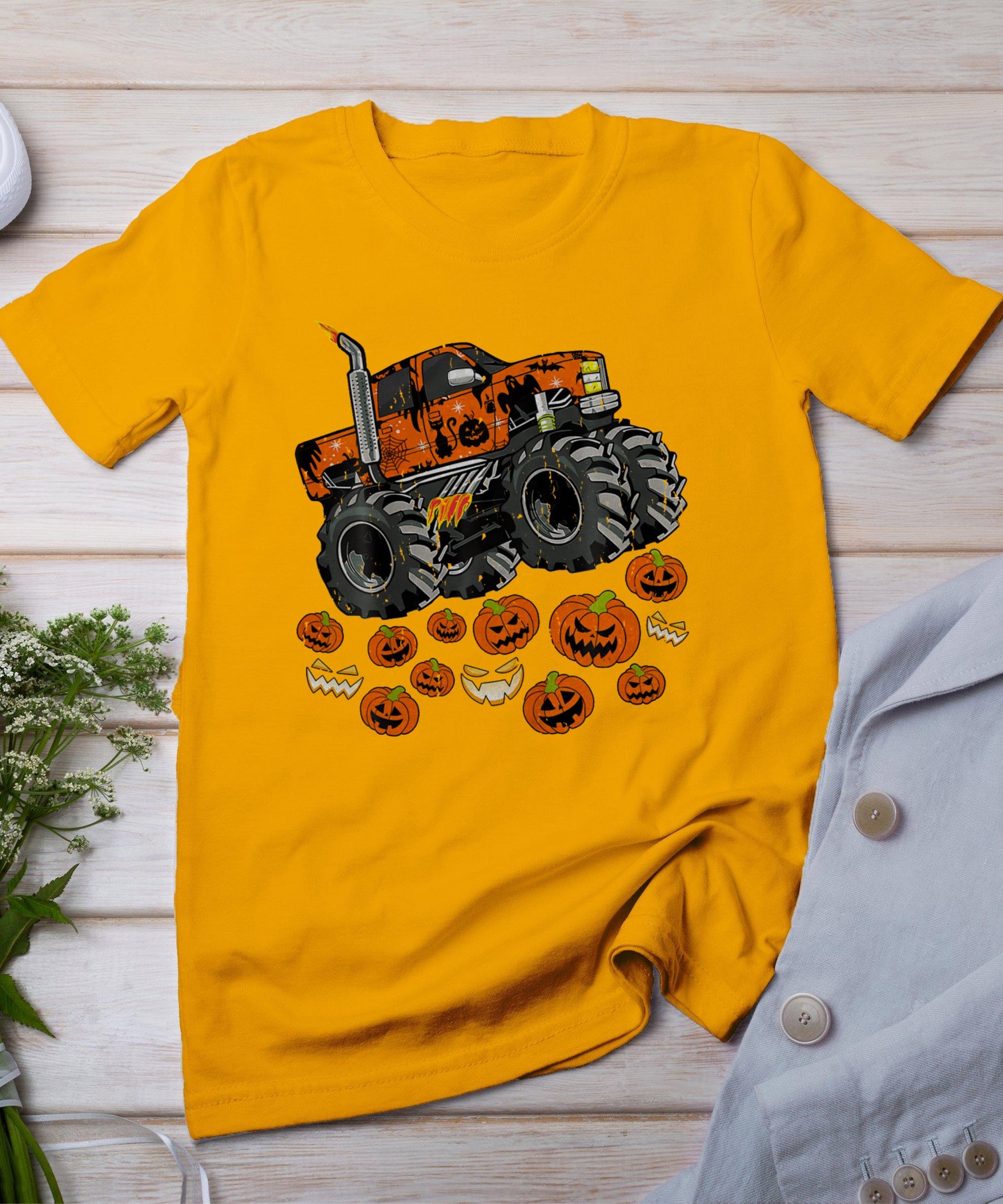 Kids Monster Truck Pumpkin Jack O Lantern Halloween Boy Toddler T-Shirt