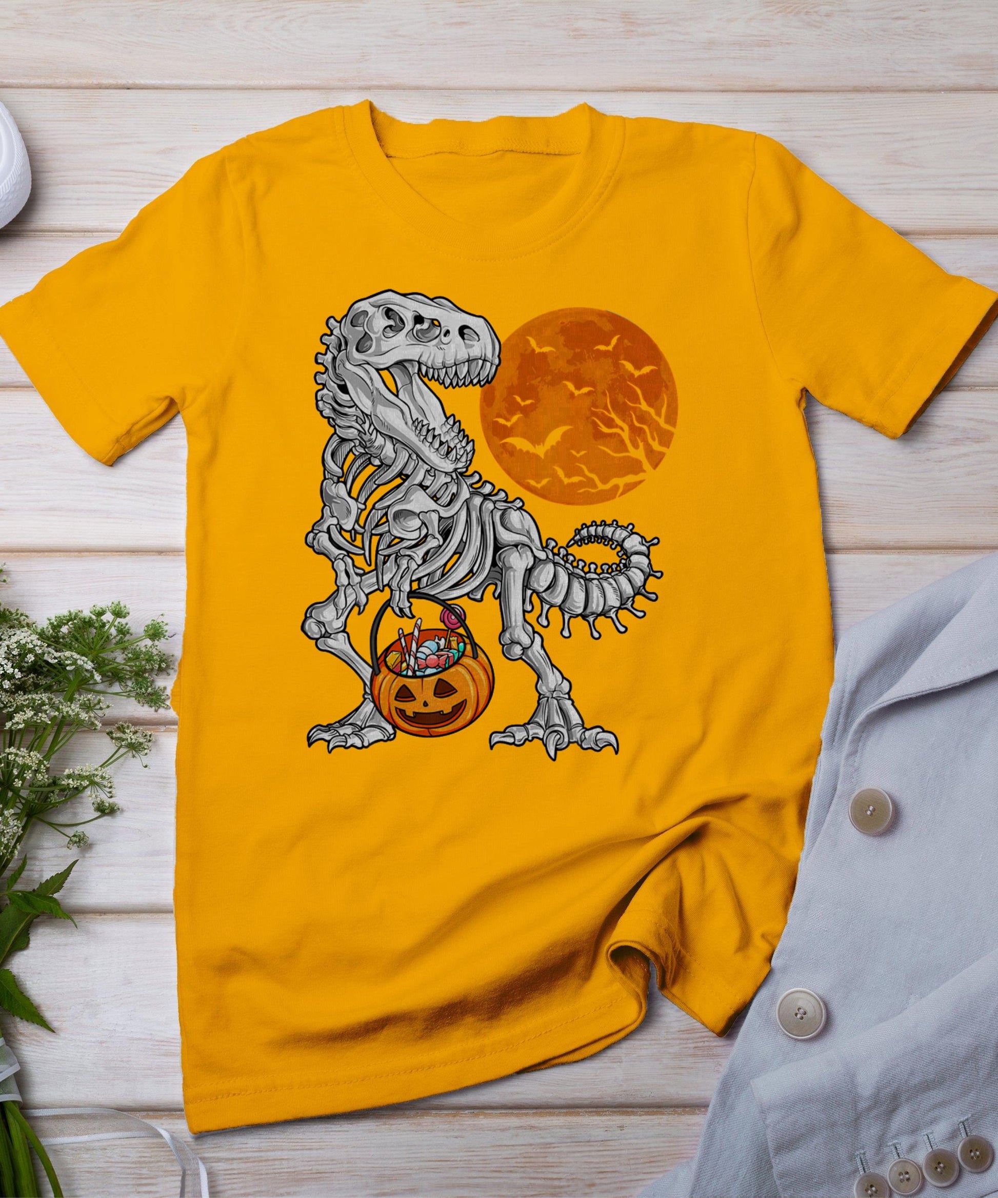 Halloween Dinosaur Skeleton T Rex Scary Pumpkin Moon T-Shirt