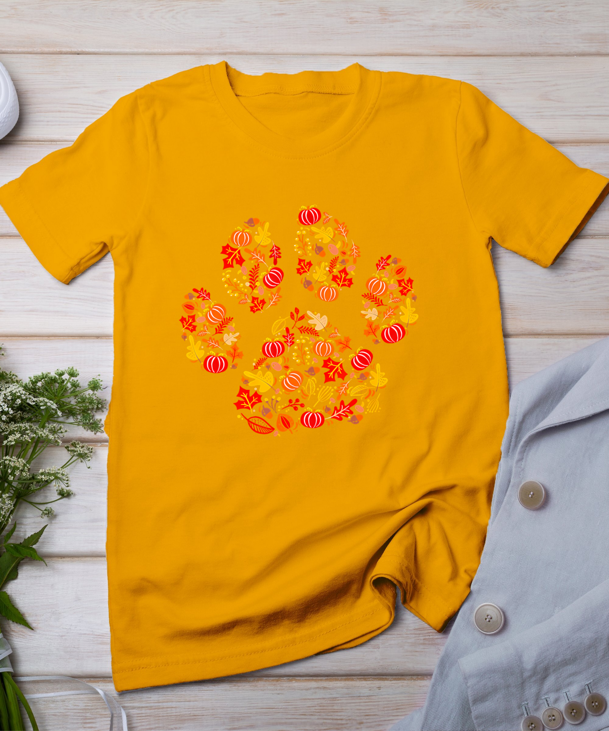 Hello Fall Autumn Leaf Dog Paw Print Pets Puppy Owner T-Shirt