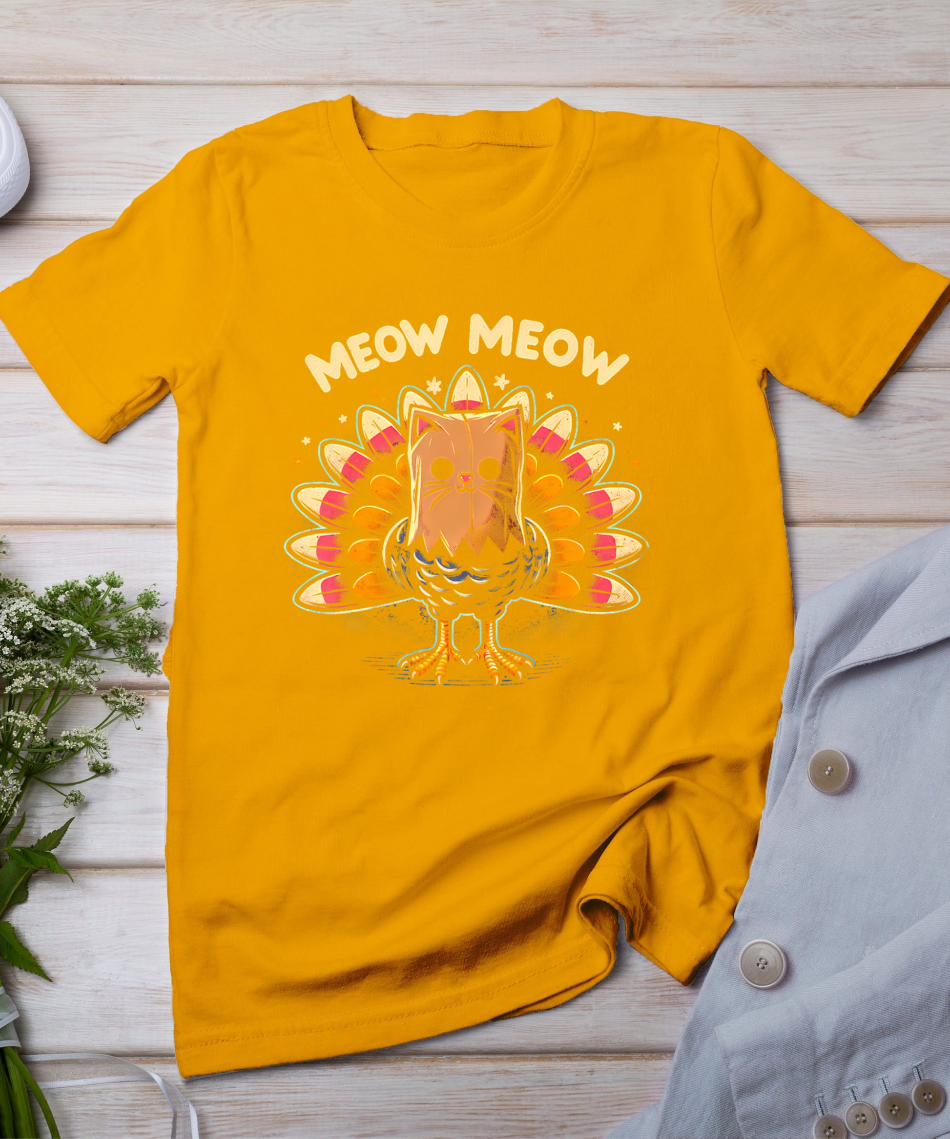 Funny Thanksgiving Shirt For Men Women Kids Meow Cat Turkey T-Shirt