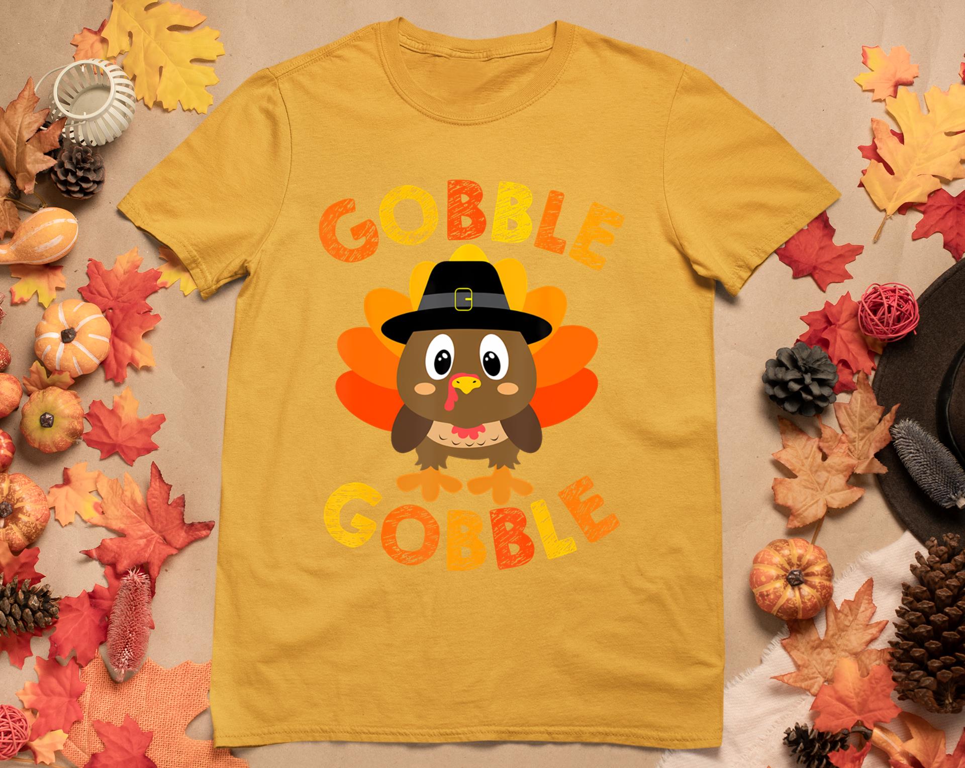 Cute Gobble Gobble Turkey Pilgrim Little Boys Thanksgiving T-Shirt