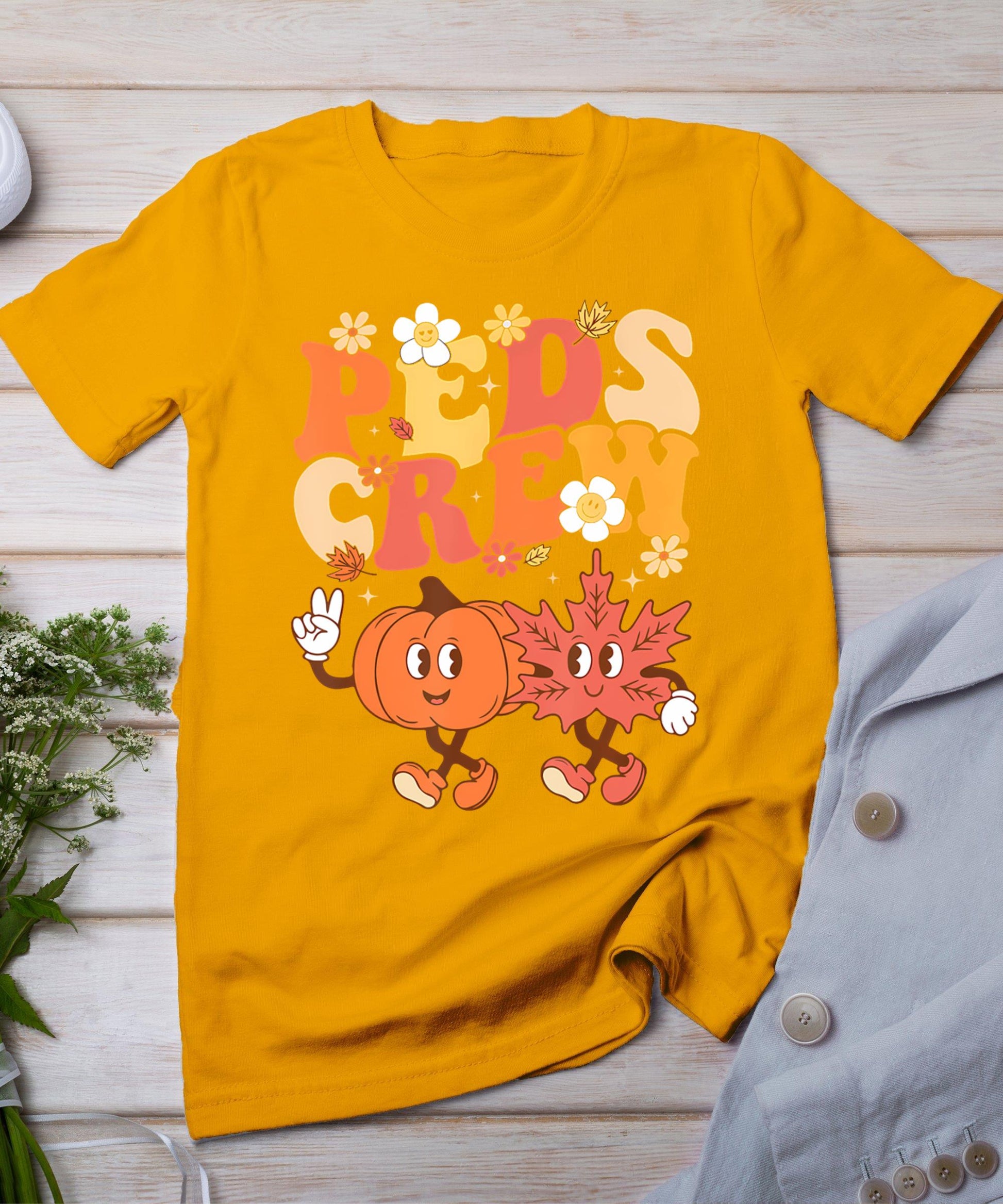 Peds Crew Pumpkin Leaf Pediatric Nurse Thanksgiving Fall T-Shirt