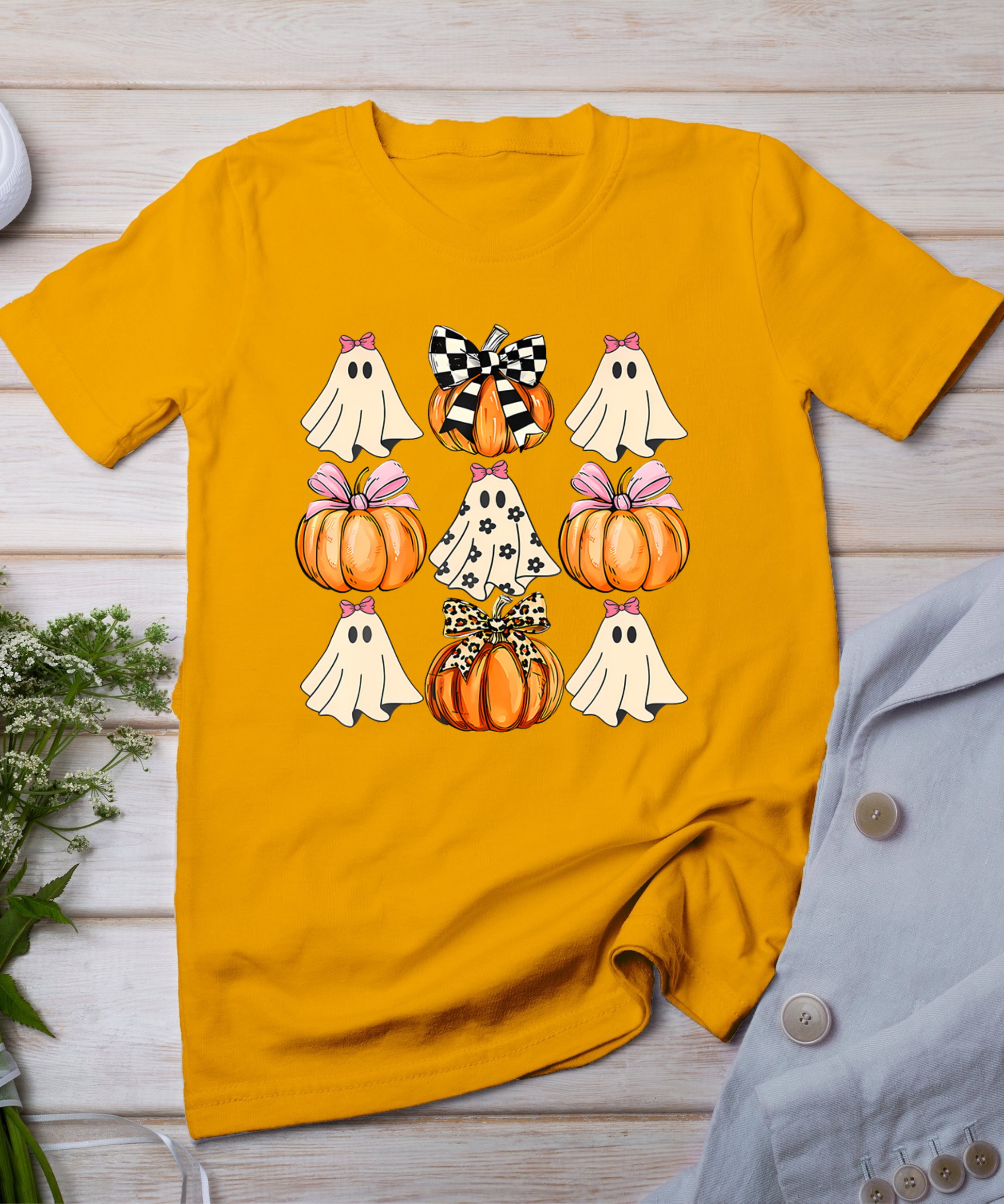 Cute Coquette Bows Ghost Pumpkin Season Halloween Autumn T-Shirt