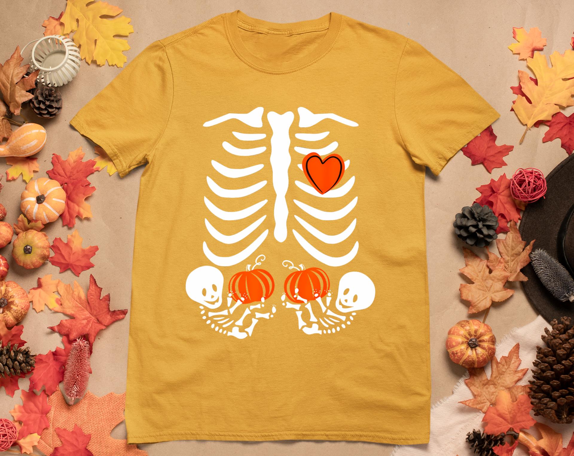 Skeleton Twin Pregnancy Announcement Halloween Pregnant Mom T-Shirt