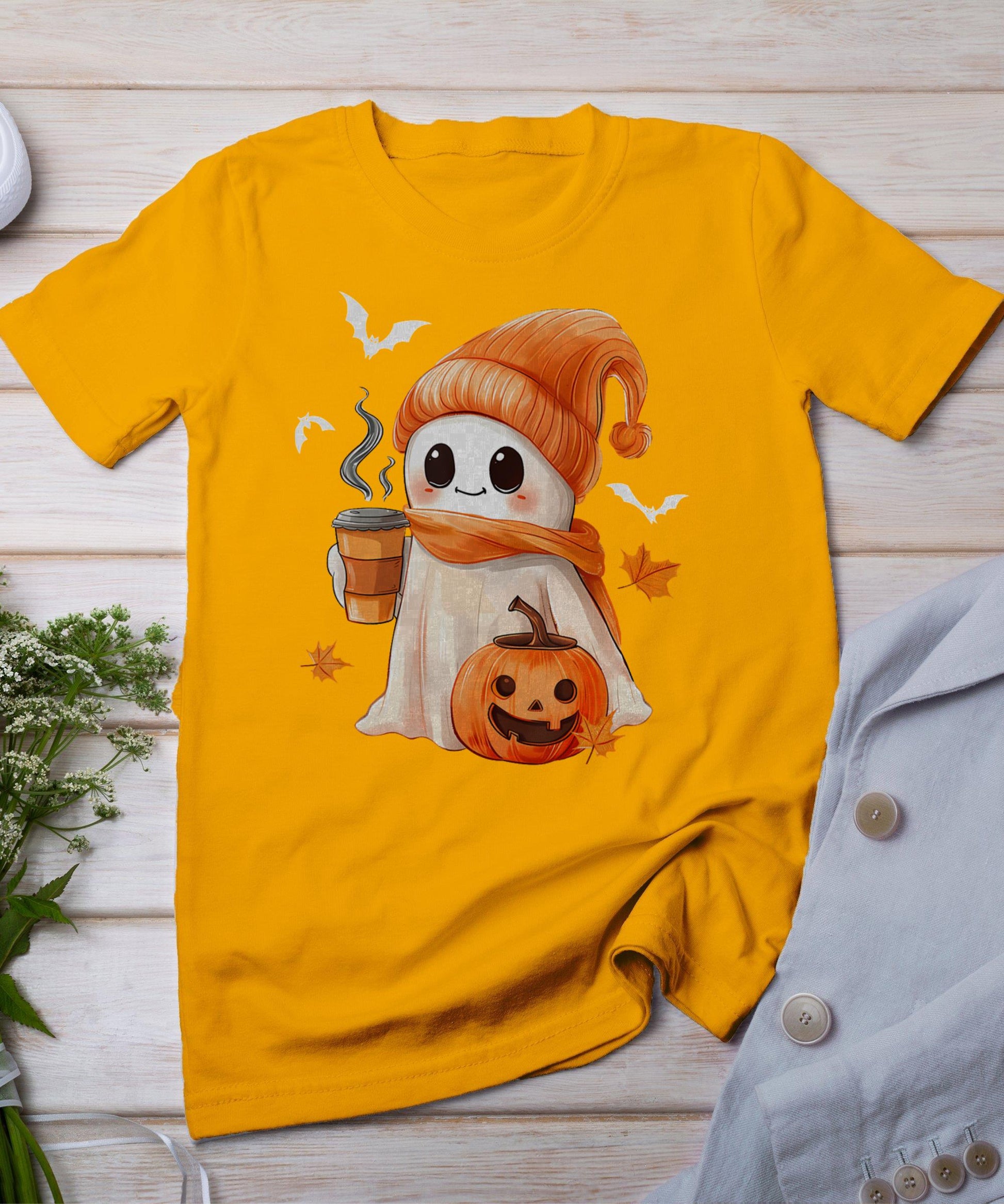 Cute Ghost Drinking Coffee Halloween Ghost Ice Coffee Womens T-Shirt