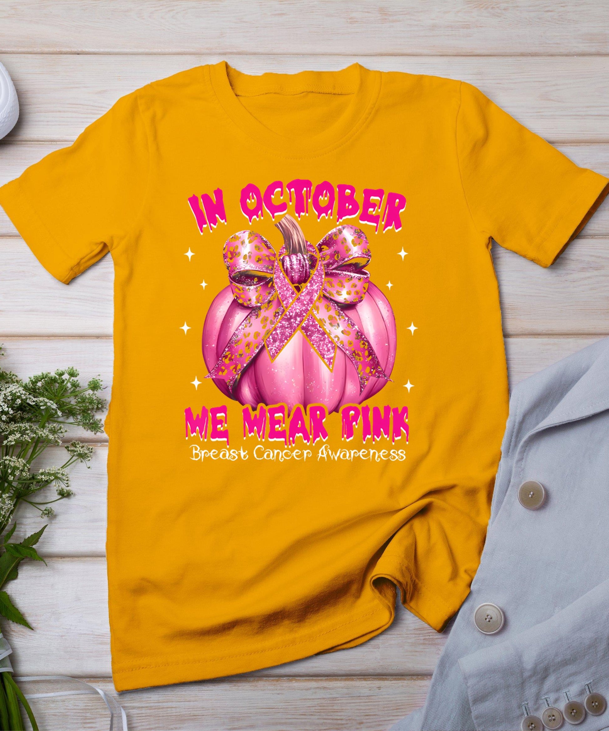 In October We Wear Pink Pumpkin Breast Cancer Awareness Gift T-Shirt