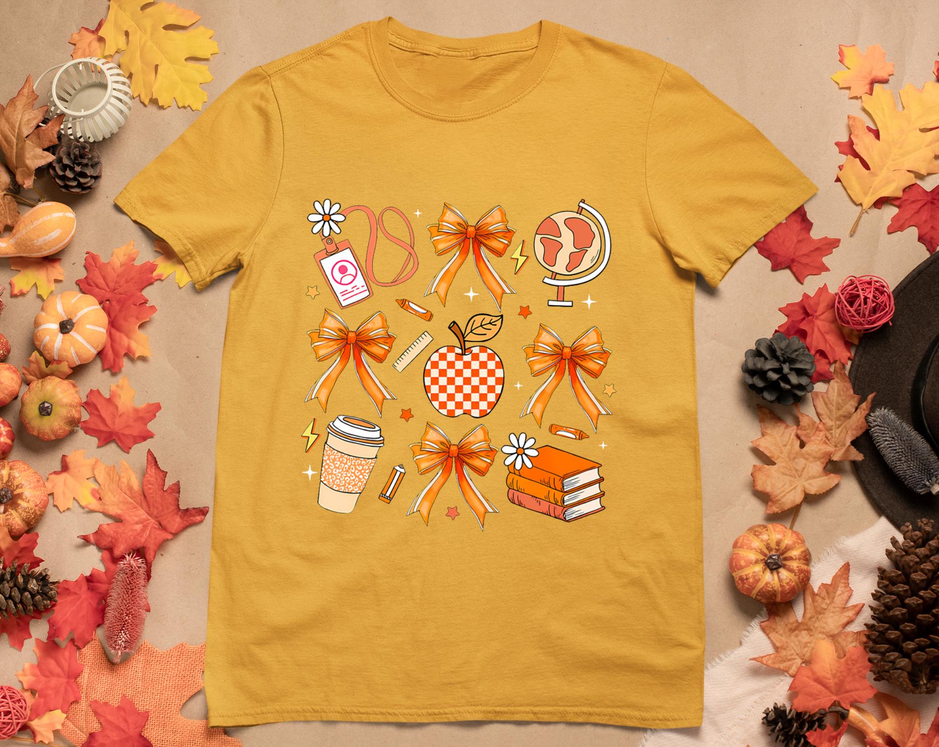 Retro Coquette Bow Teacher Fall Autumn Thanksgiving T-Shirt