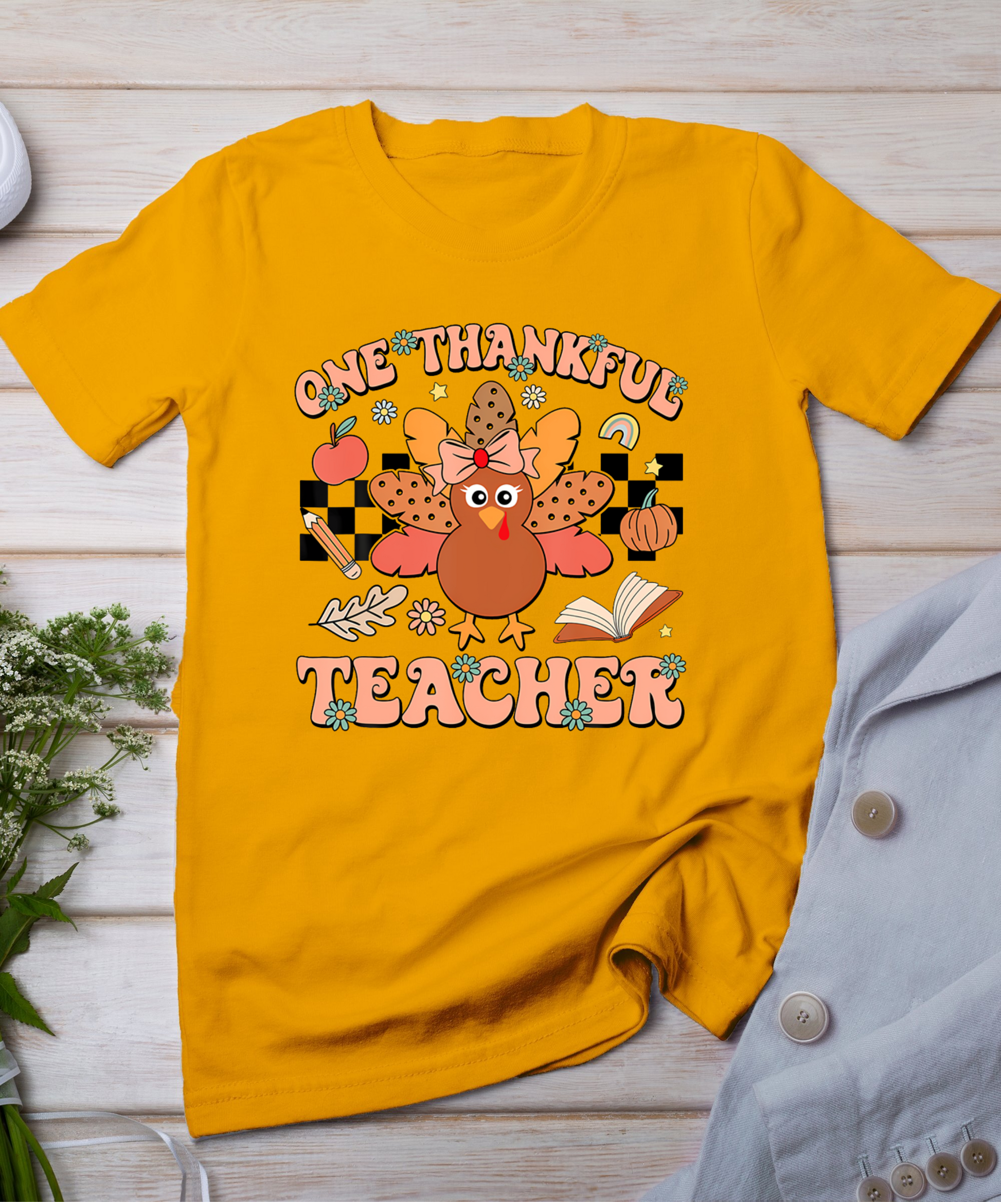 One Thankful Teacher Thanksgiving Retro Groovy Fall Teachers T-Shirt