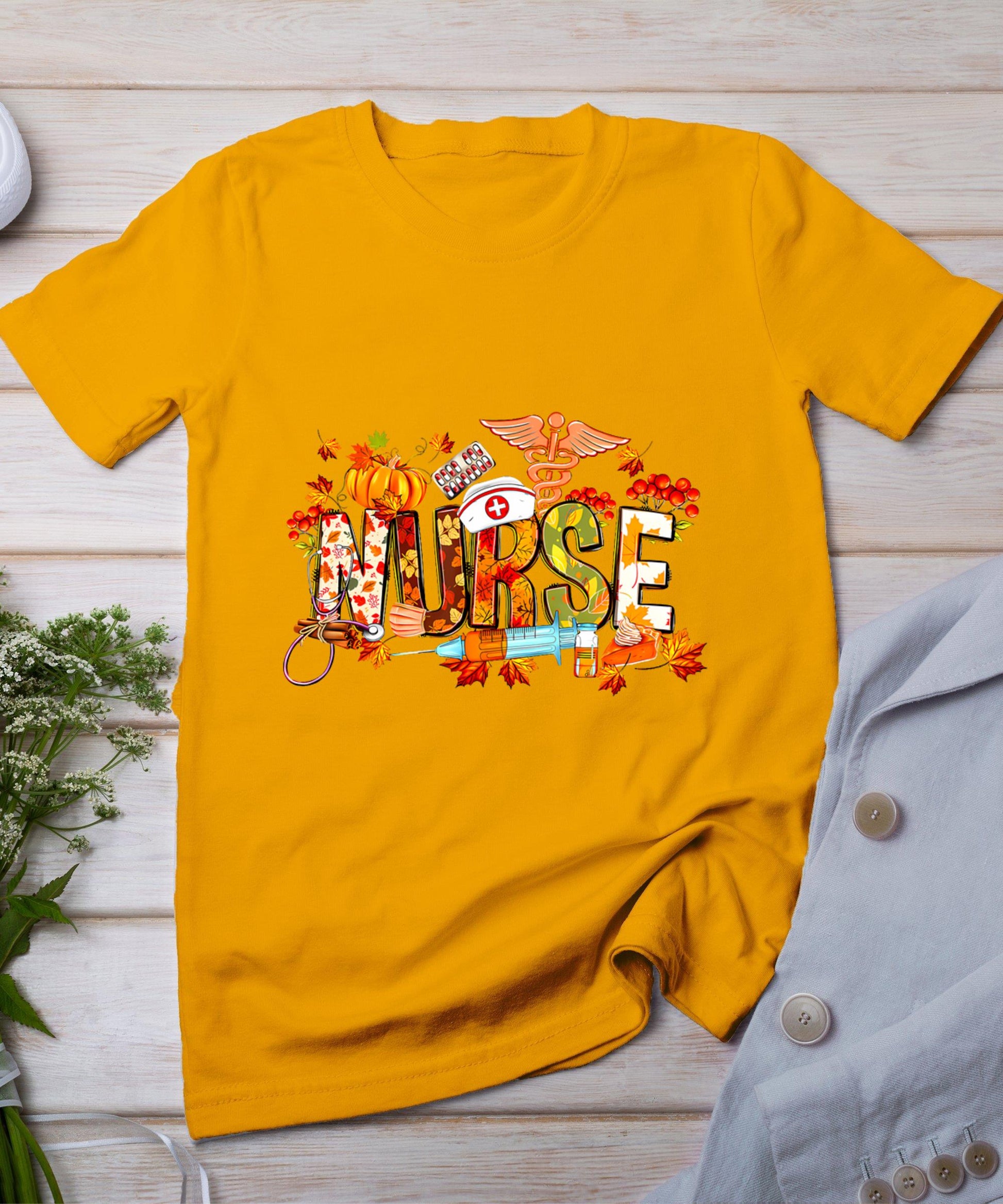 Retro Autumn Pumpkin Fall Nurse Life Thanksgiving Nurse T-Shirt