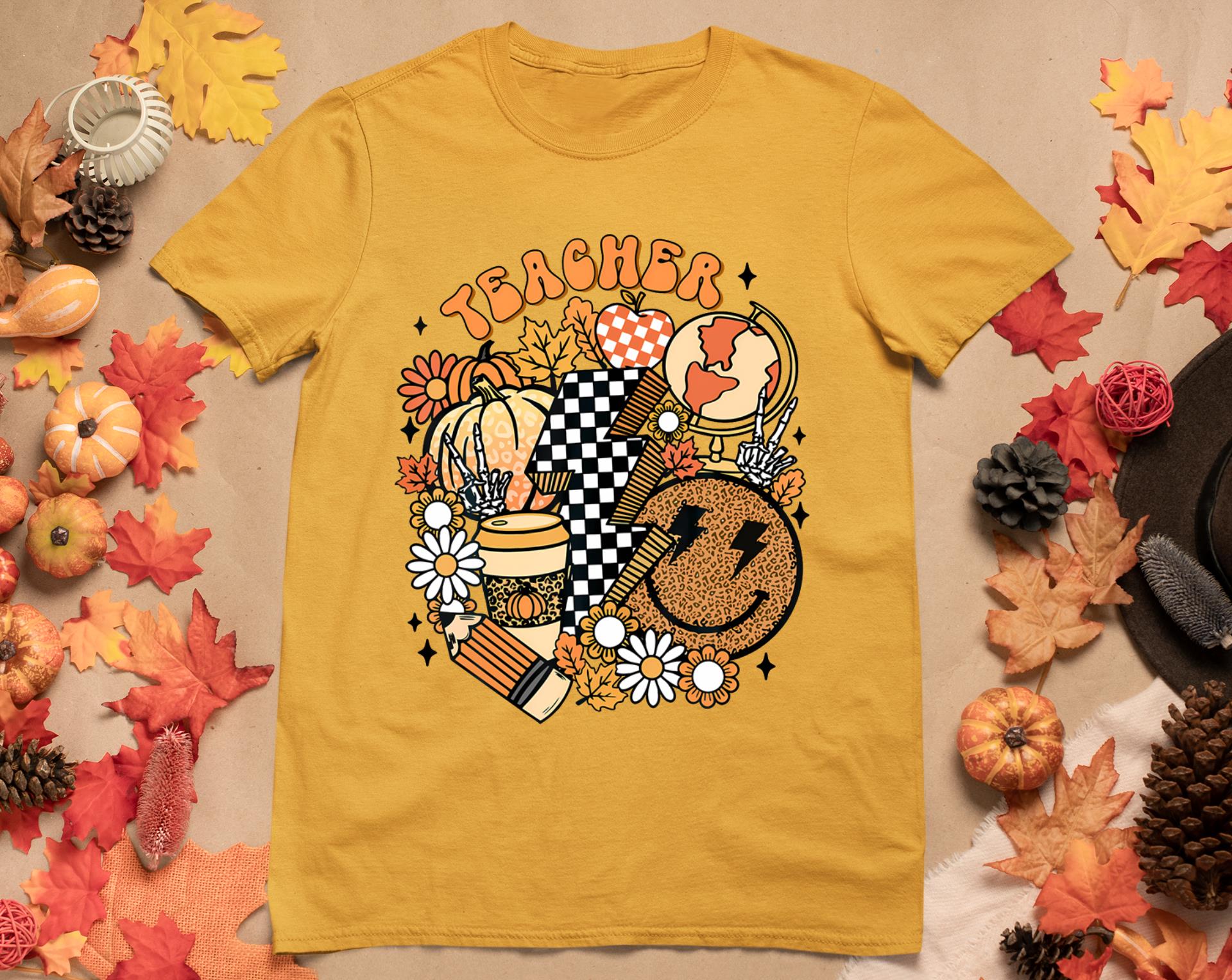 Fall Teacher Retro Teacher Life Autumn Thanksgiving Womens T-Shirt