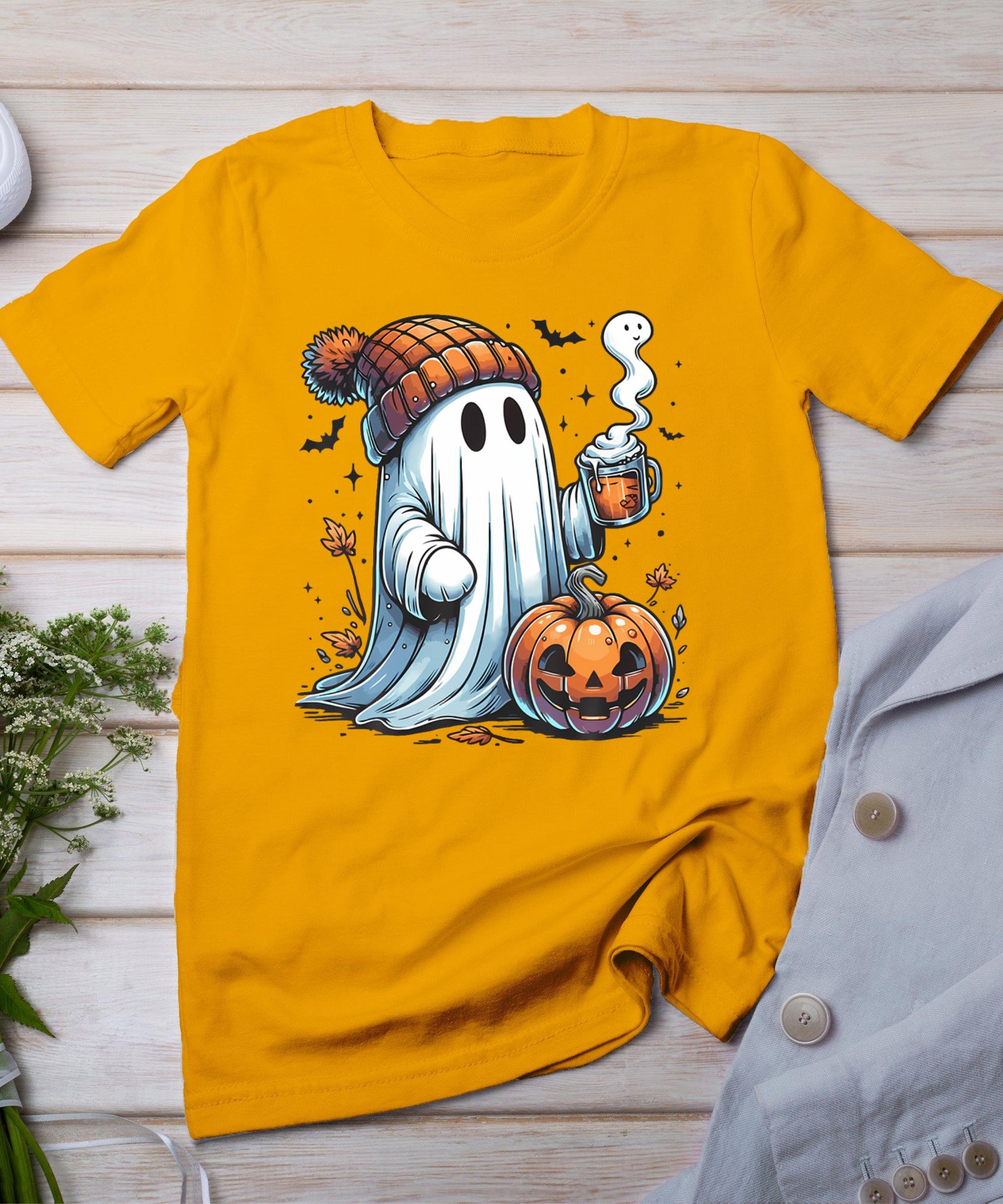 Cute Ghost Drinking Coffee Halloween Ghost Coffee Womens T-Shirt