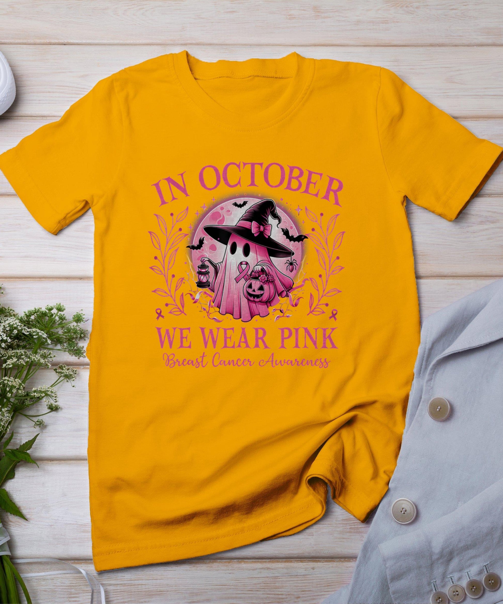 October We Wear Pink Breast Cancer Awareness Halloween Ghost T-Shirt