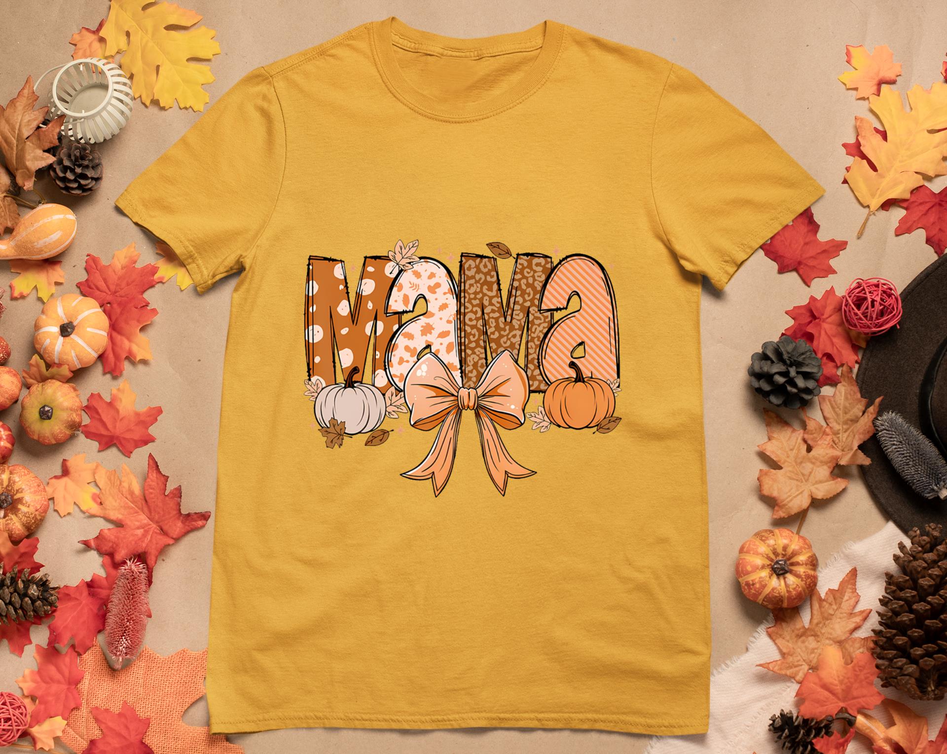 Retro Mama Coquette Bows Leopard Mom Fall Thanksgiving Women T-Shirt