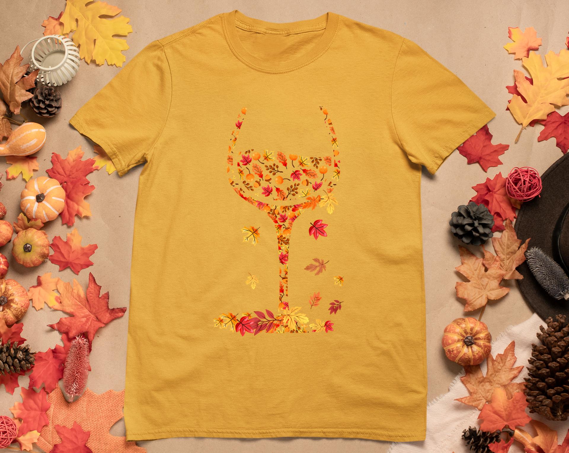 Glass Of Wine Maple Leaf Autumn Fall Funny Drink Wine Lovers T-Shirt