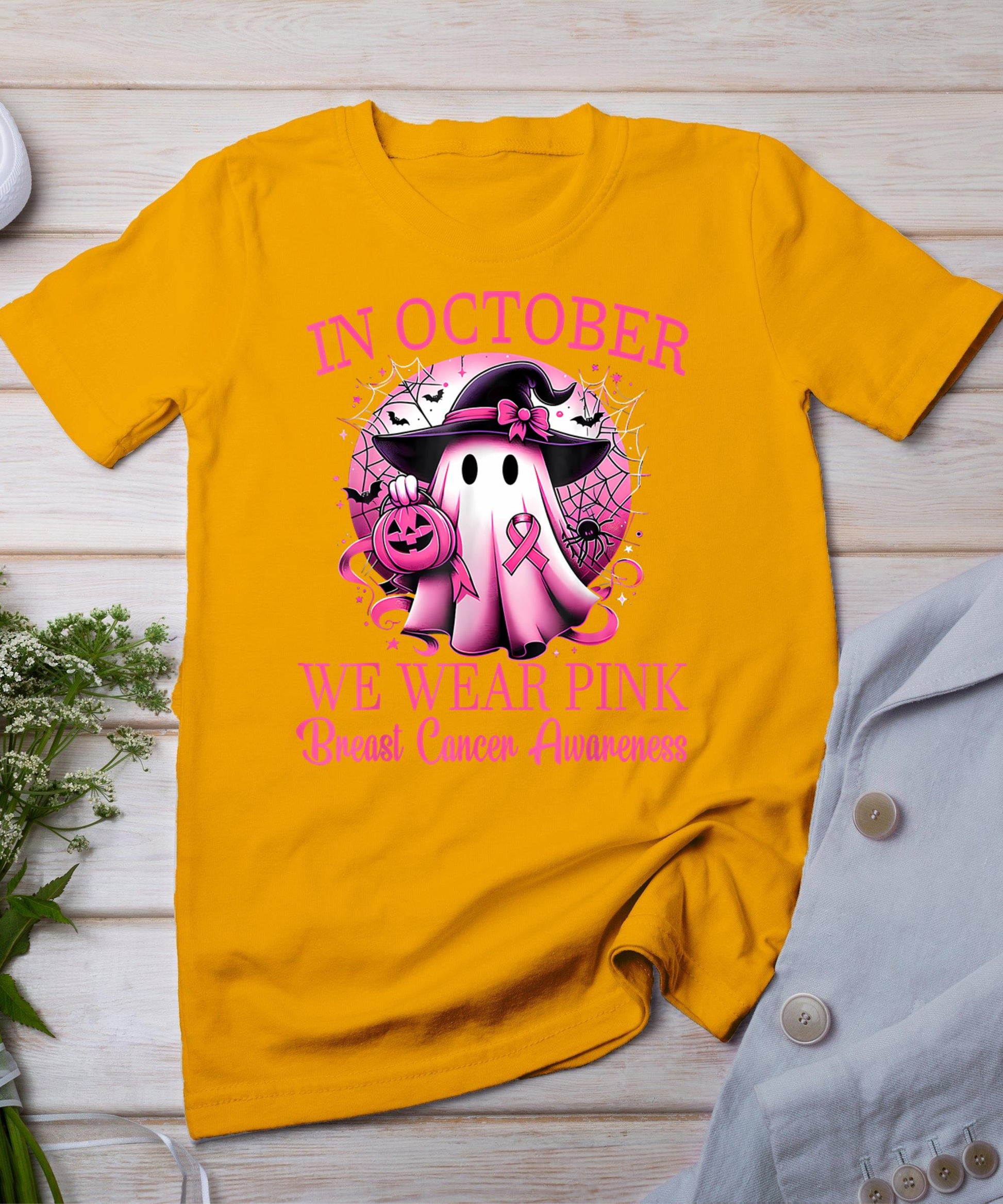 In October We Wear Pink Ghost Witch Breast Cancer Awareness T-Shirt