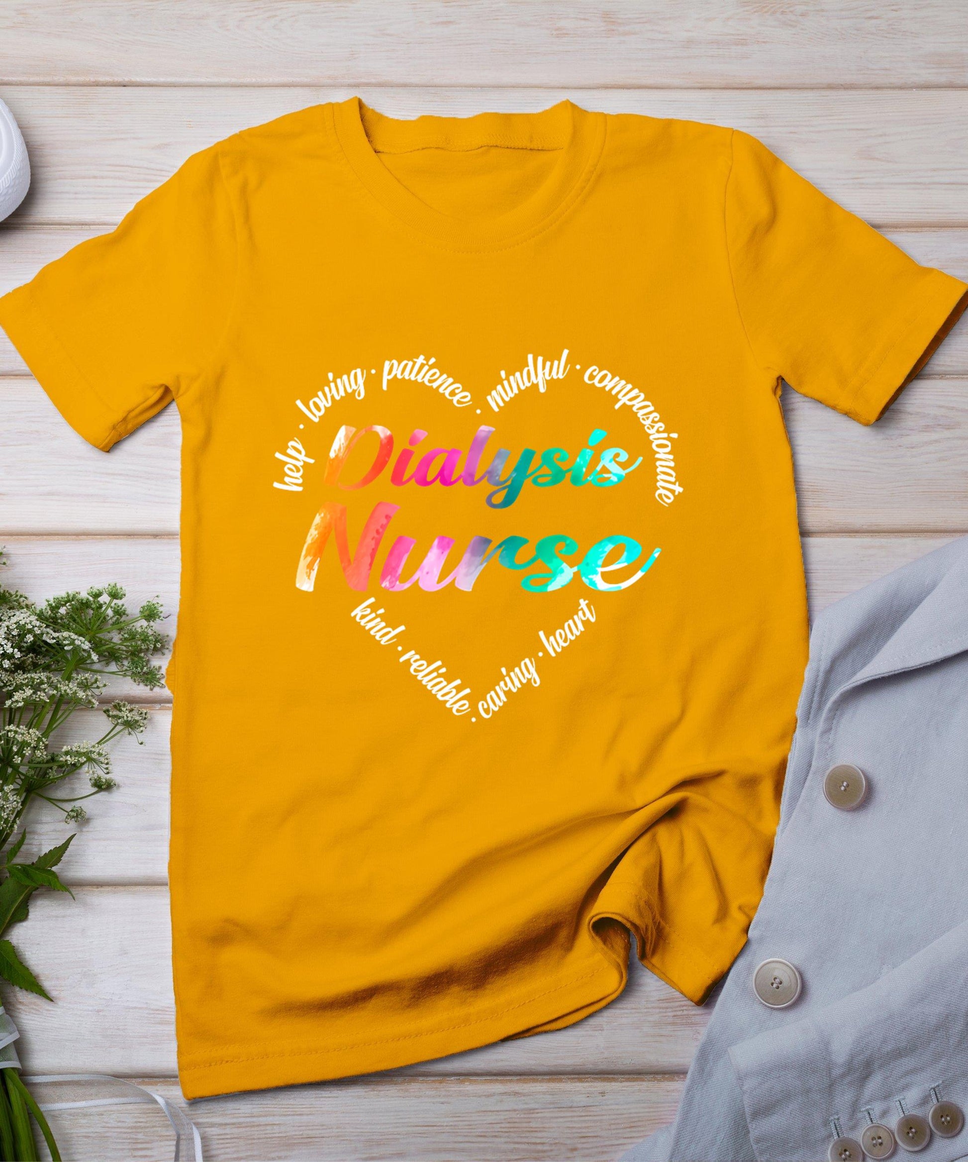 Dialysis Nurse Heart Word Cloud Watercolor Rainbow T-Shirt