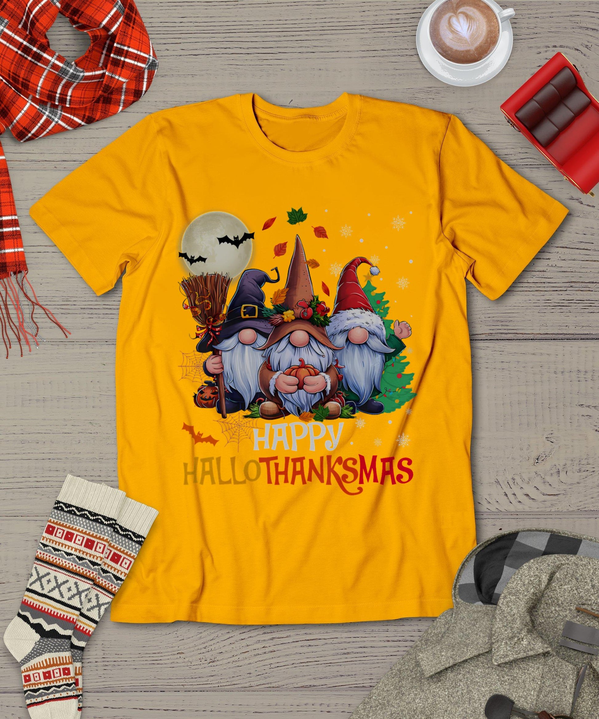 Happy Hallothanksmas Gnomes Lover Halloween Merry Christmas T-Shirt