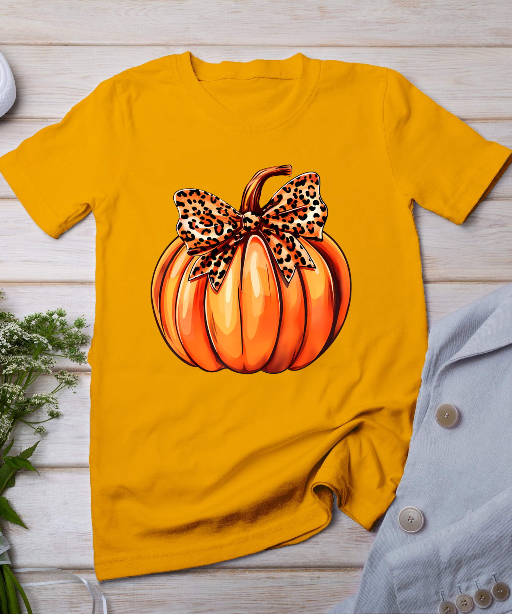 Coquette Bow Leopard Pumpkin Thanksgiving Rustic Fall Women T-Shirt