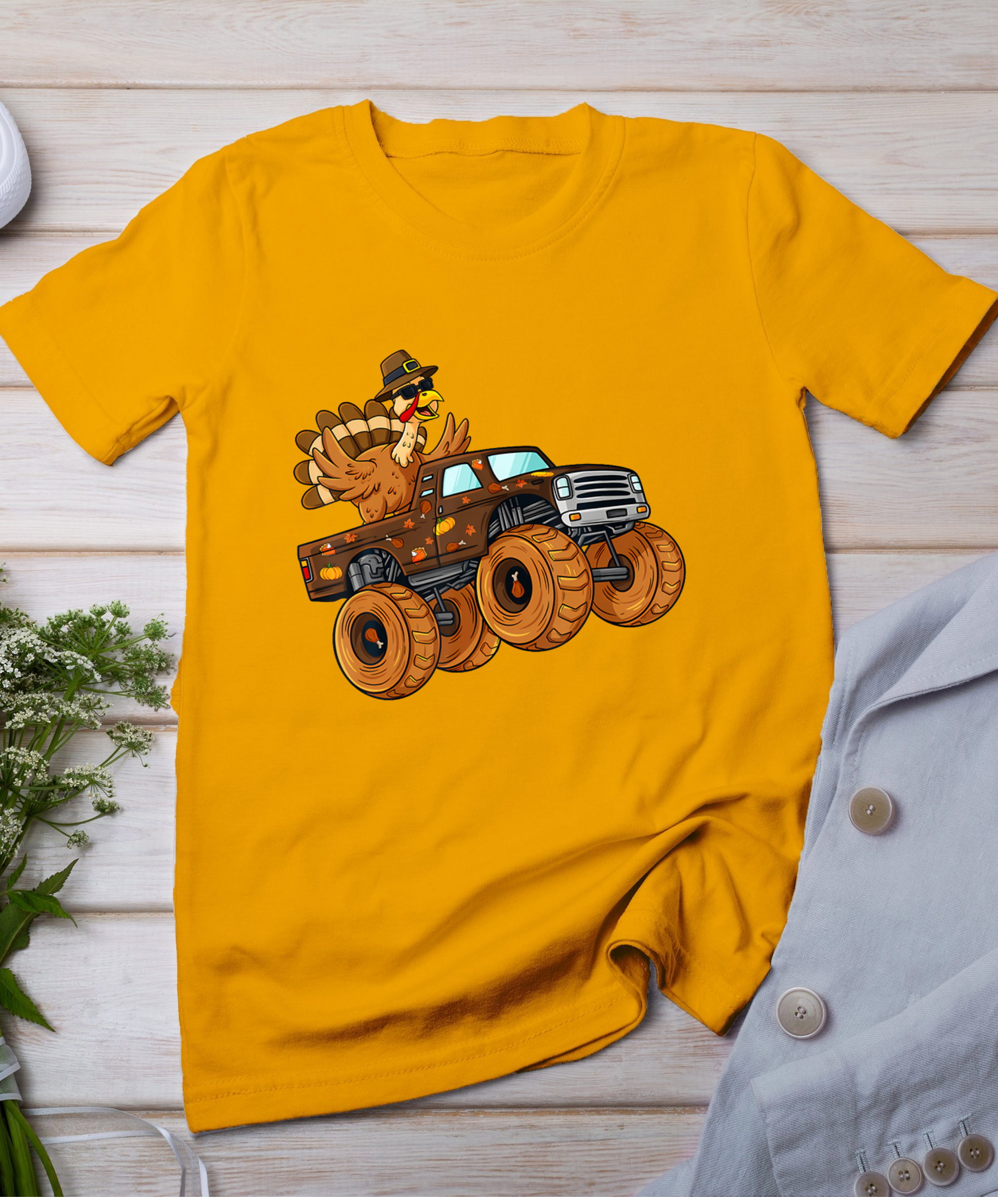 Thanksgiving Turkey Riding Monster Truck Boys Kids T-Shirt