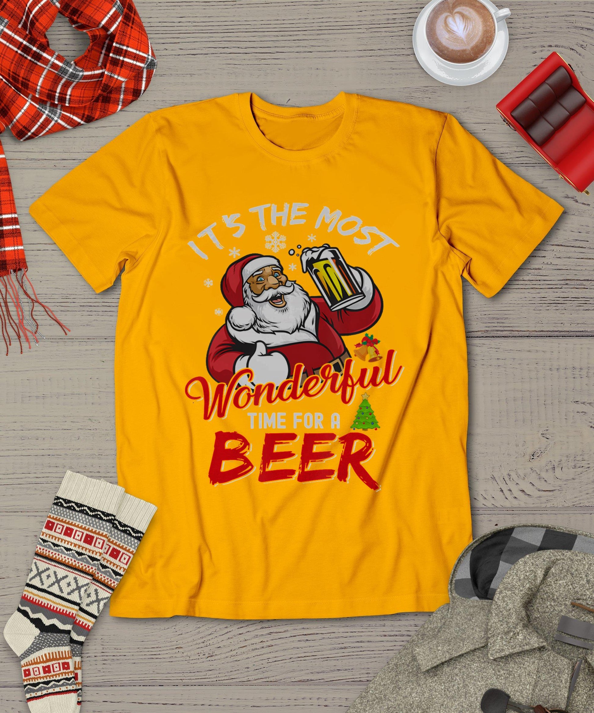 Funny Christmas Santa Claus Drinking Beer Wonderful Time T-Shirt