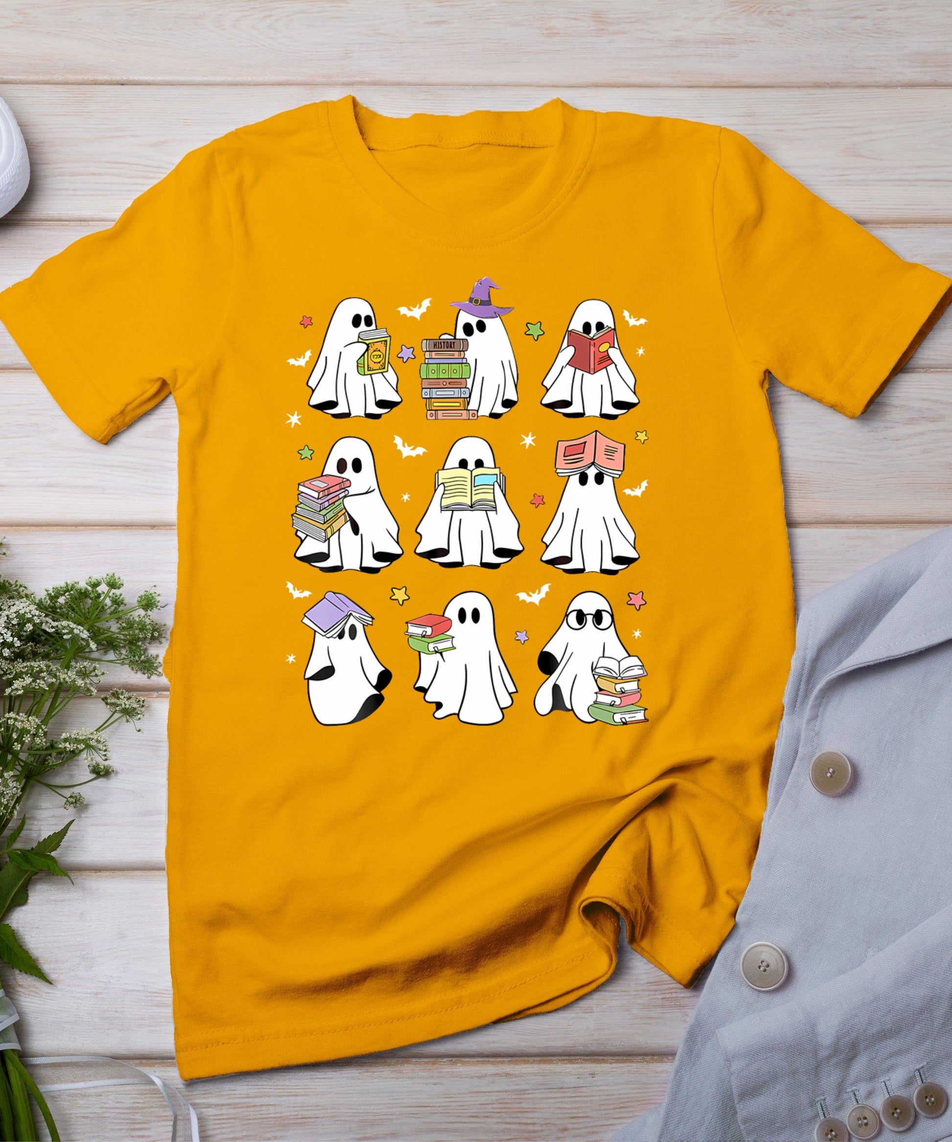 Cute Ghost Book Reading Halloween Books Lover Teacher Kids T-Shirt