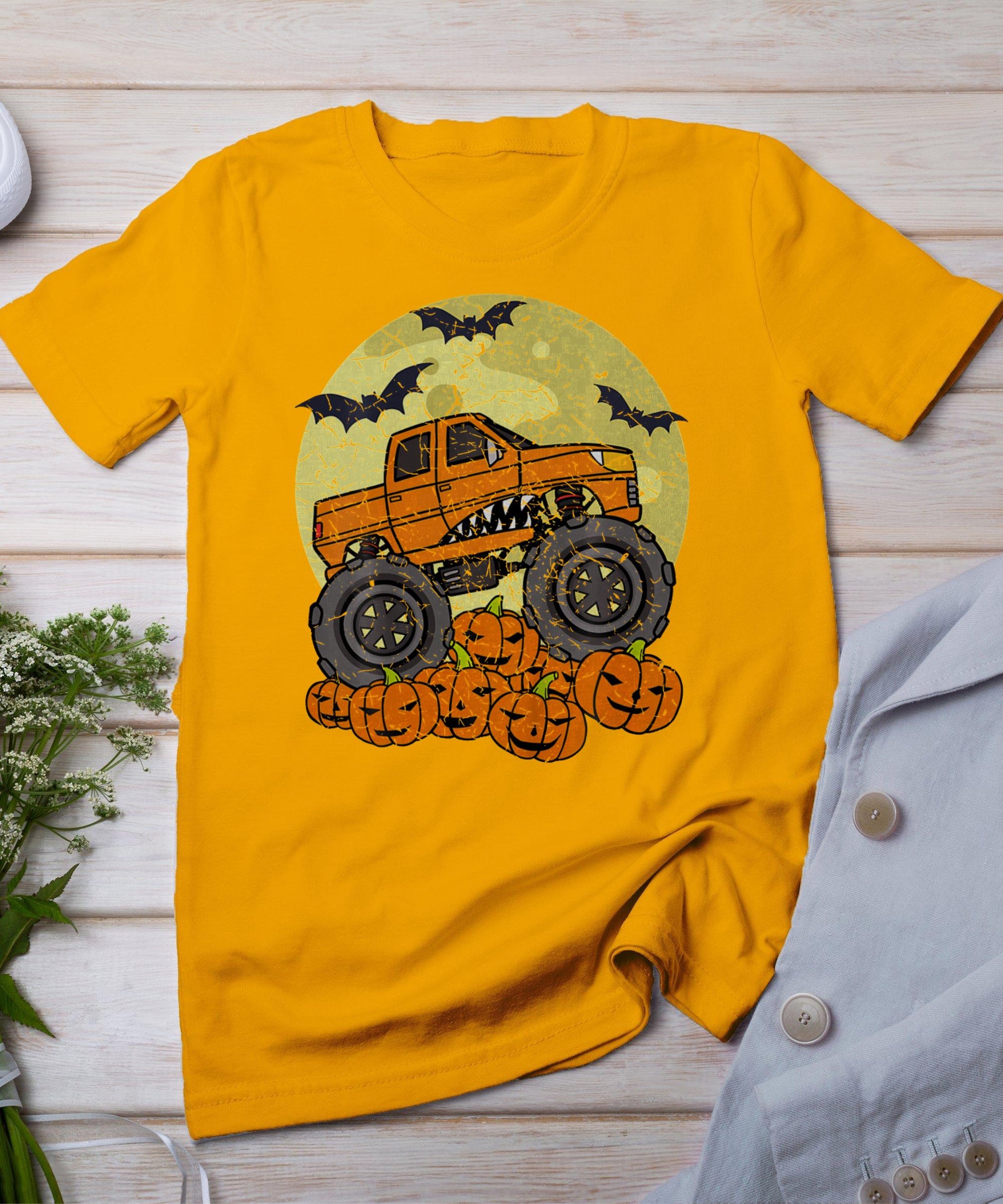 Monster Truck Halloween Jack O Lantern Moon Pumpkin T-Shirt