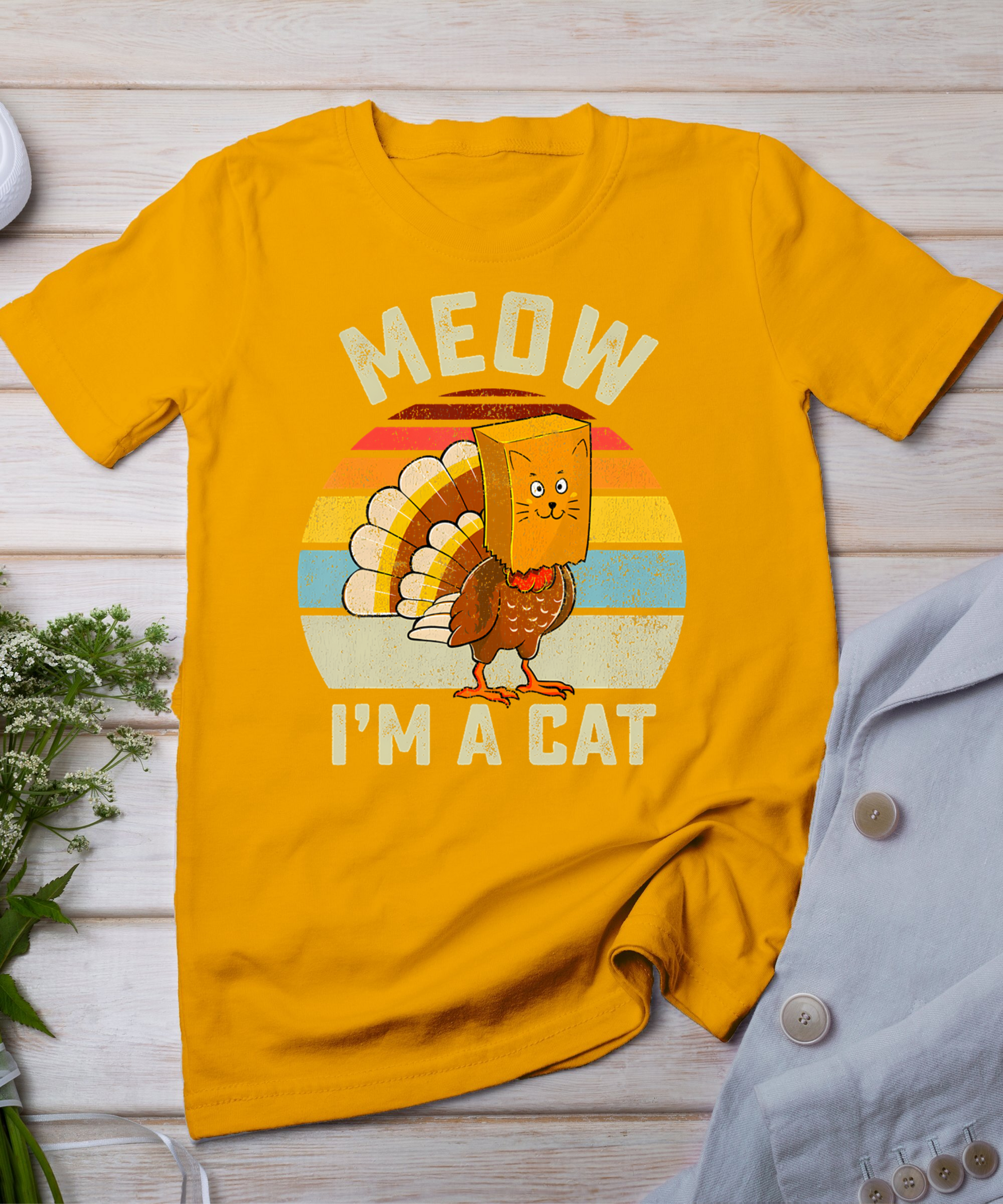 Thanksgiving Funny Turkey Fake Cat Retro Women Men Kids T-Shirt