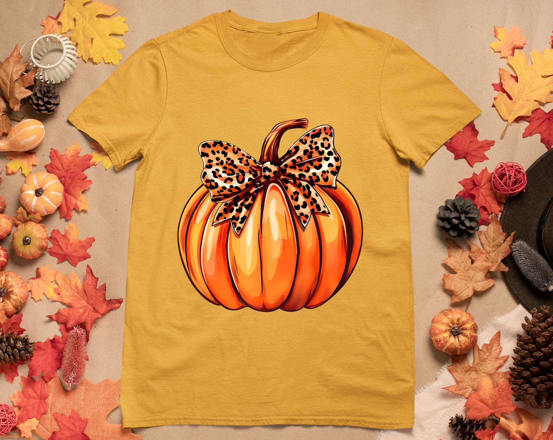 Coquette Bow Leopard Pumpkin Thanksgiving Rustic Fall Women T-Shirt