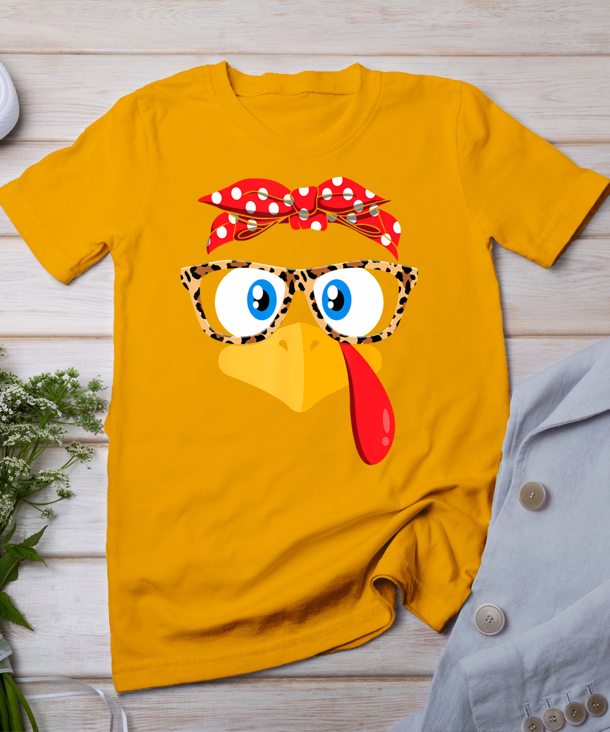 Thanksgiving Turkey Face Leopard Print Glasses Women Girls T-Shirt