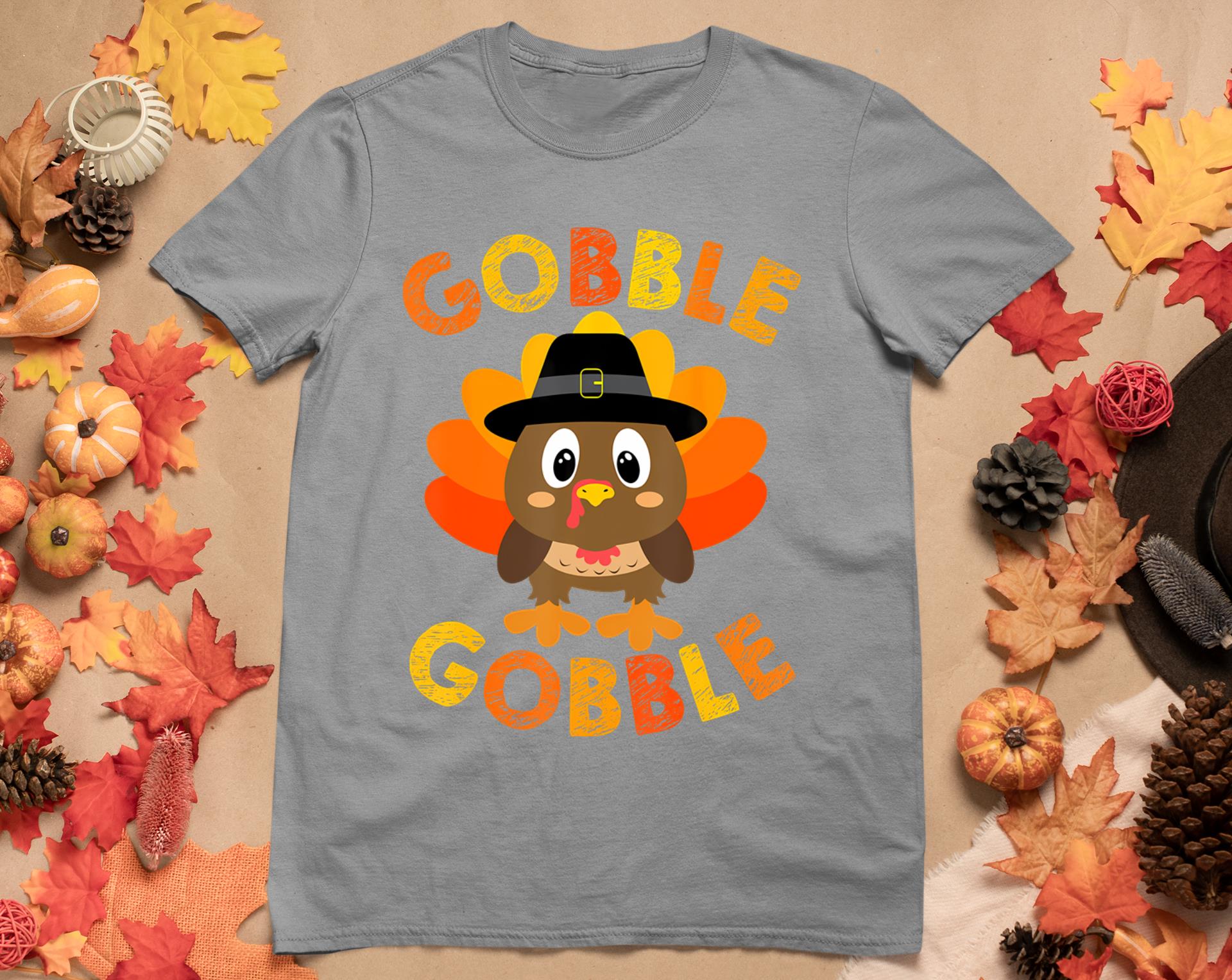 Cute Gobble Gobble Turkey Pilgrim Little Boys Thanksgiving T-Shirt