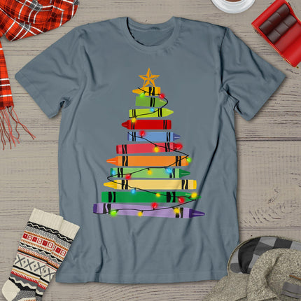 Teacher Christmas Tshirt Crayon Tree Light Gifts Student T-Shirt