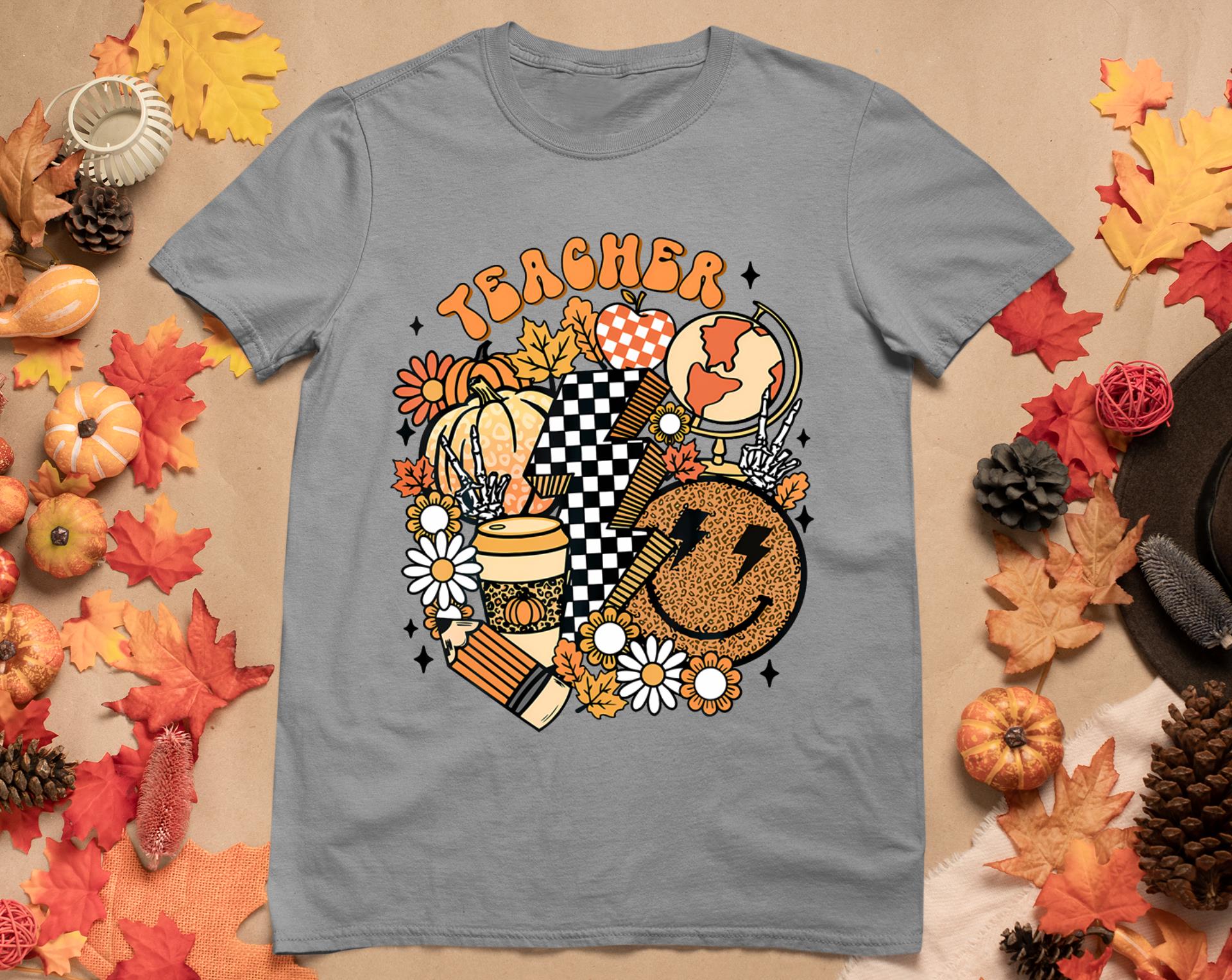 Fall Teacher Retro Teacher Life Autumn Thanksgiving Womens T-Shirt