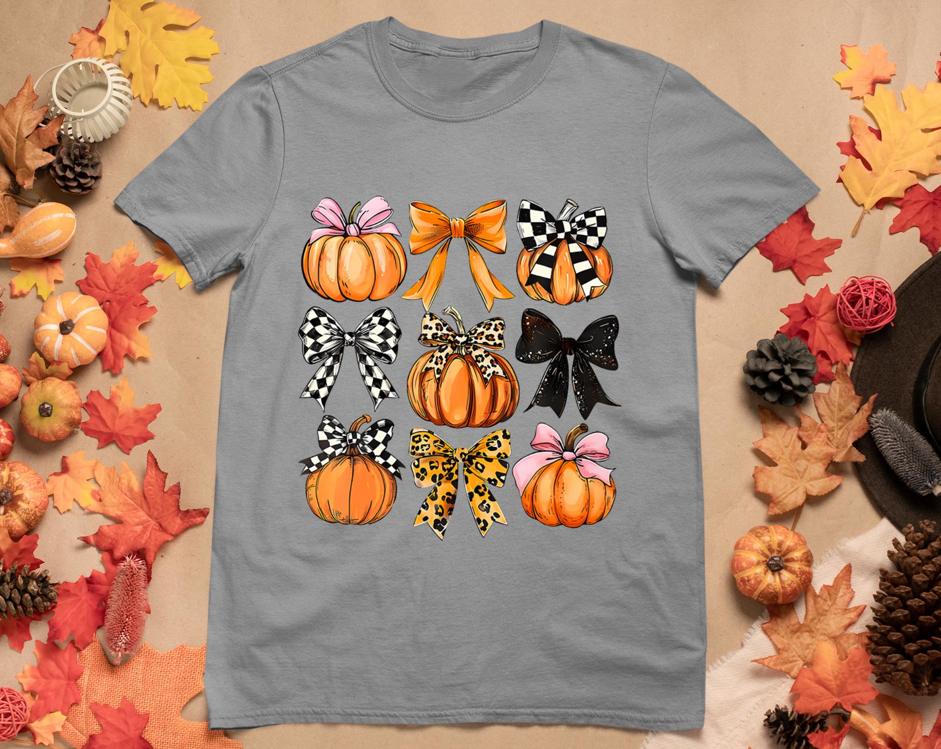 Cute Coquette Bows Pumpkin Season Halloween Autumn Fall T-Shirt