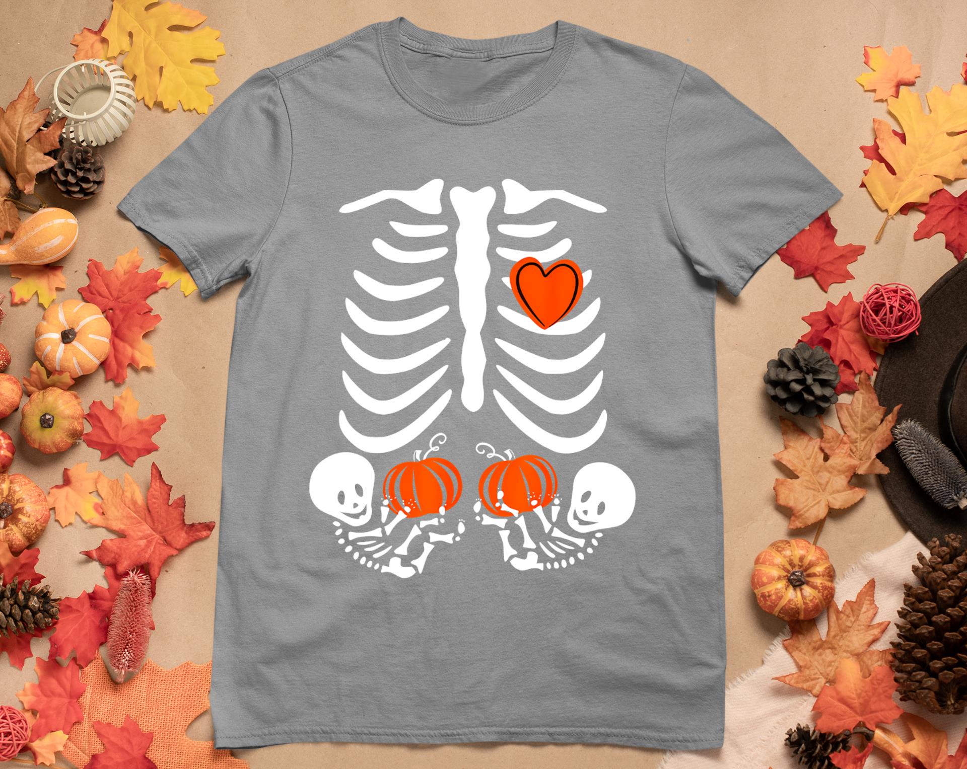 Skeleton Twin Pregnancy Announcement Halloween Pregnant Mom T-Shirt