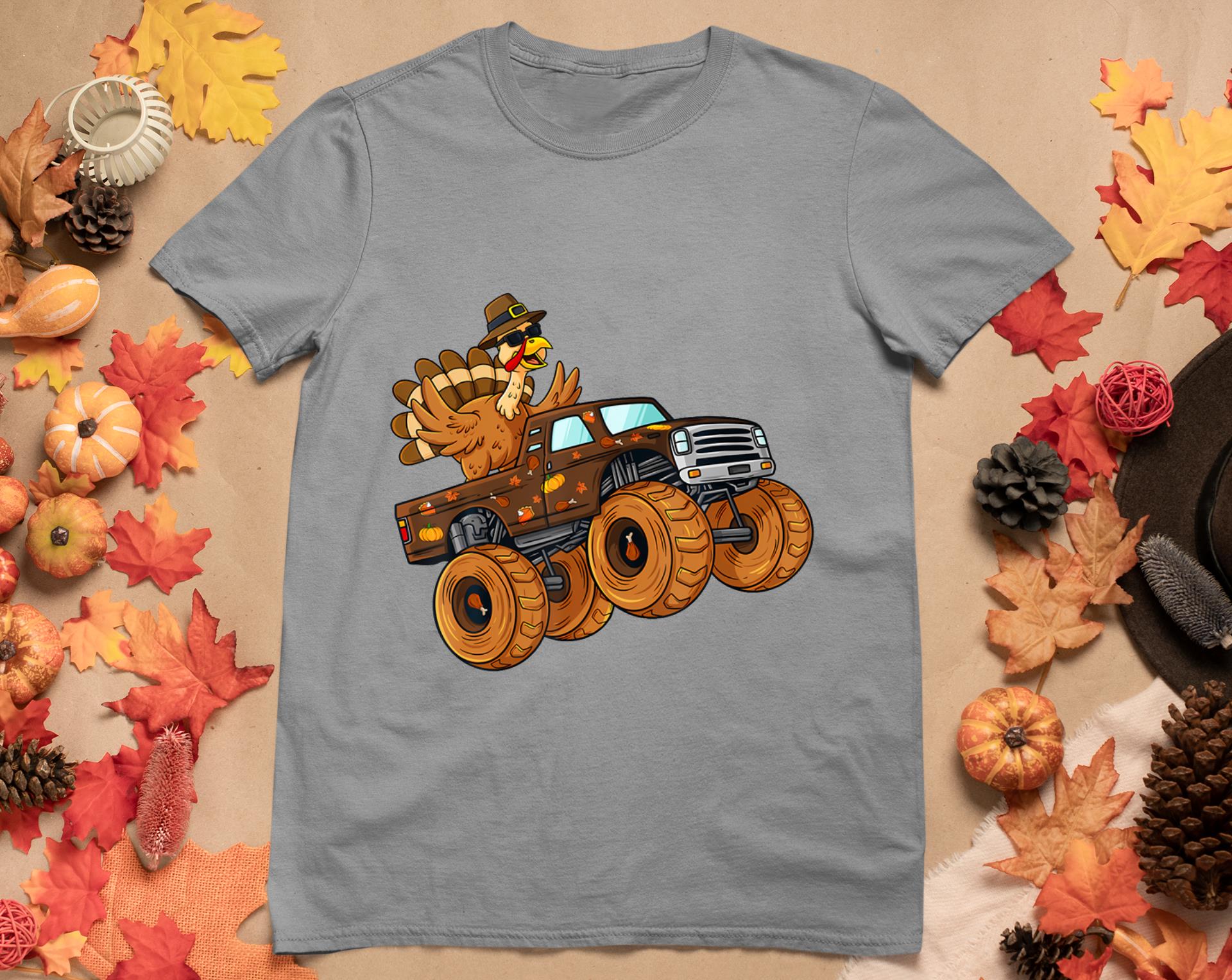 Thanksgiving Turkey Riding Monster Truck Boys Kids T-Shirt