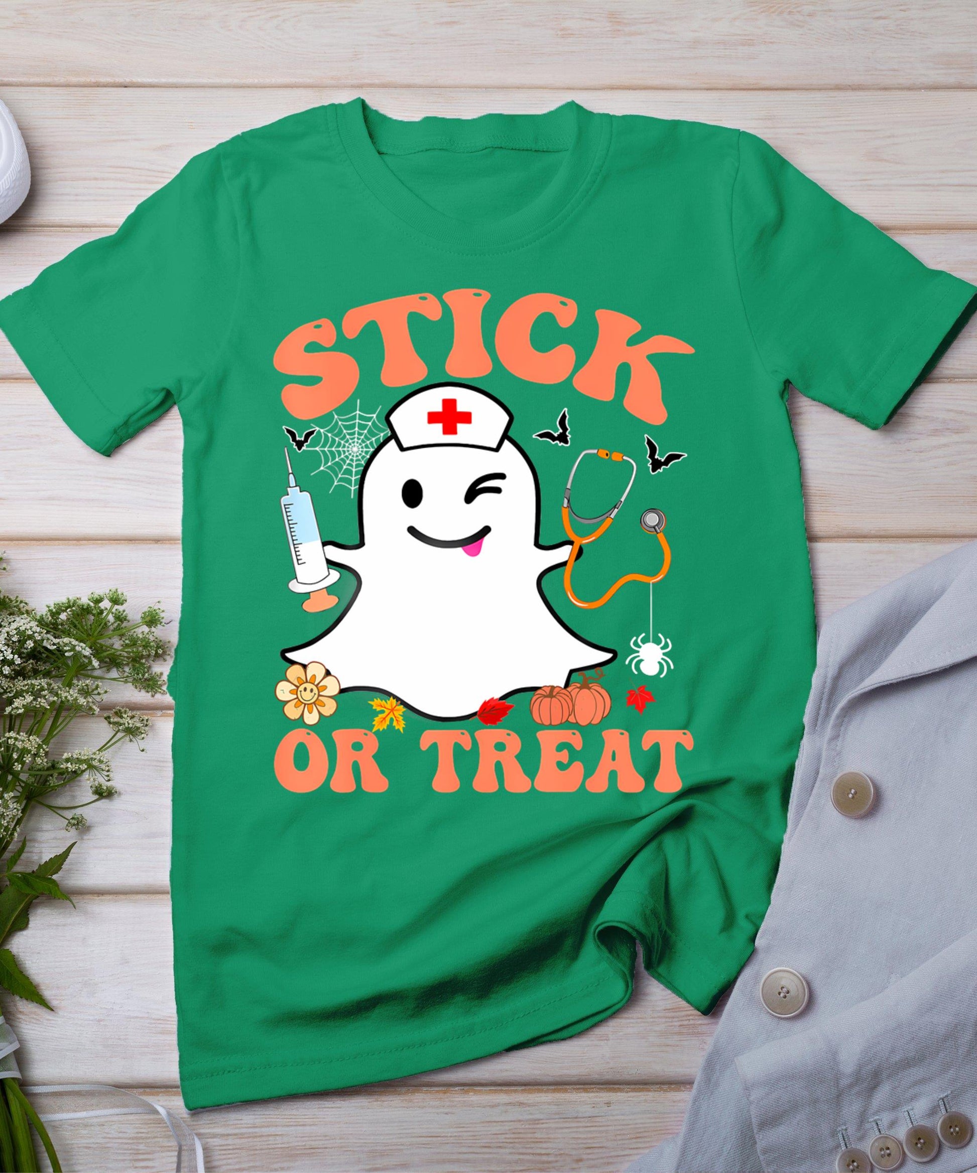 Stick Or Treat Nurse Funny Halloween Costume T-Shirt