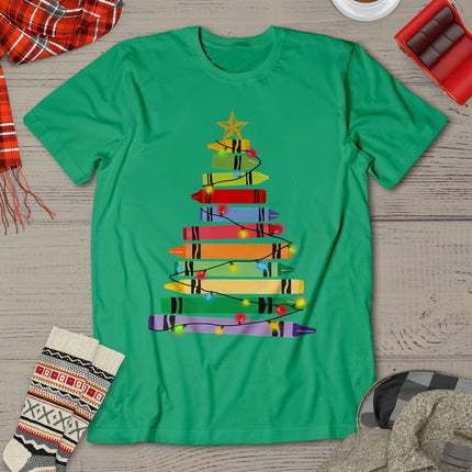 Teacher Christmas Tshirt Crayon Tree Light Gifts Student T-Shirt