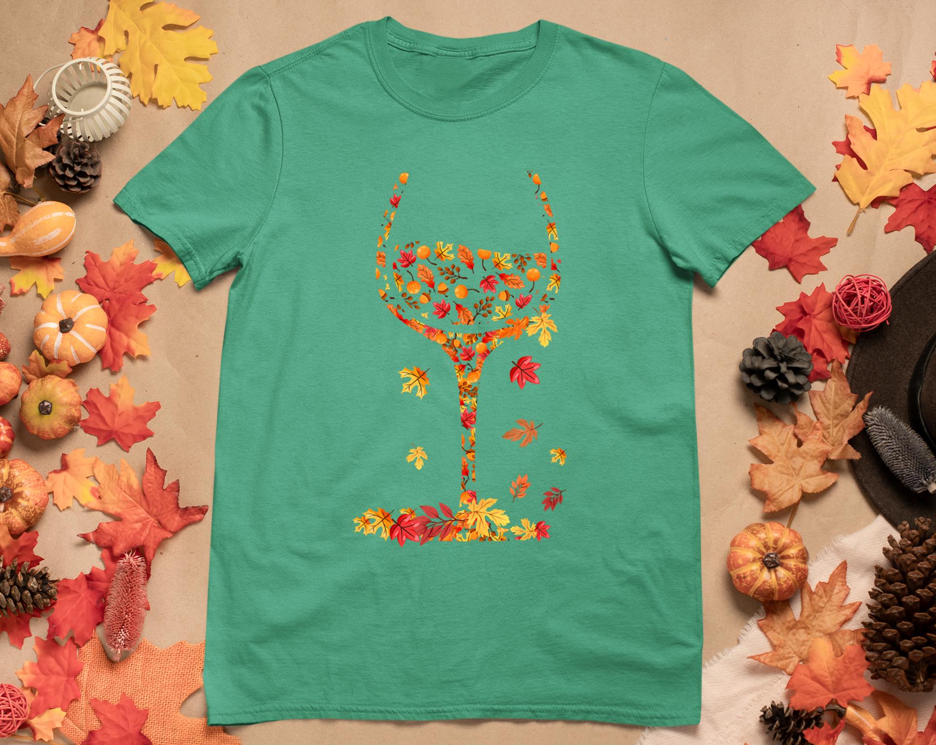 Glass Of Wine Maple Leaf Autumn Fall Funny Drink Wine Lovers T-Shirt